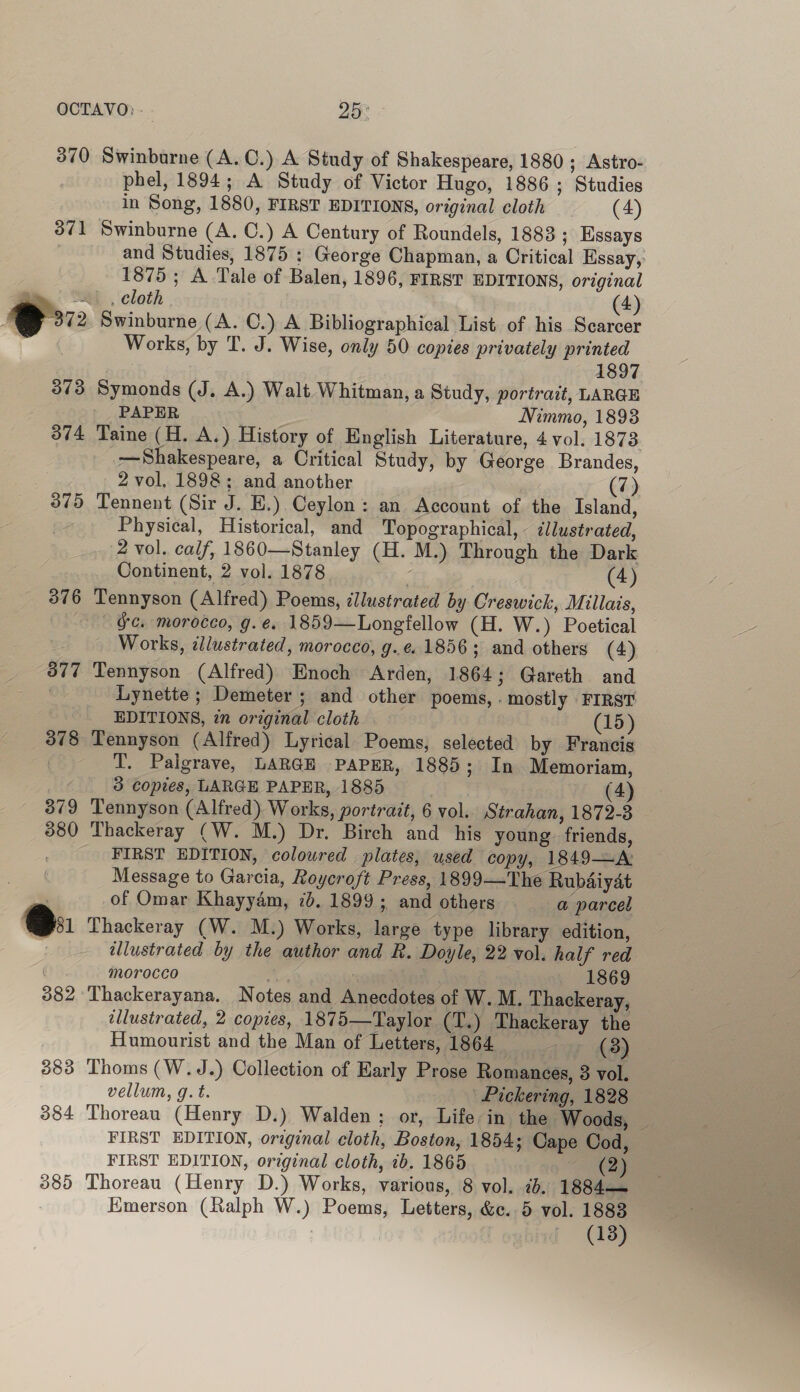 370 371 =, 375 376 377 378 379 380 en 382 383 384 385 Swinburne (A. ©.) A Study of Shakespeare, 1880; Astro- phel, 1894; A Study of Victor Hugo, 1886; Studies in Song, 1880, FIRST EDITIONS, original cloth (4) Swinburne (A. C.) A Century of Roundels, 1883 ; Essays and Studies, 1875 ; George Chapman, a Critical Essay, 1875; A Tale of Balen, 1896, FIRST EDITIONS, original Swinburne (A. C.) A Bibliographical List of his Scarcer Works, by T. J. Wise, only 50 copies privately printed 1897 Symonds (J. A.) Walt Whitman, a Study, portrait, LARGE PAPER Nimmo, 1893 Taine (H. A.) History of English Literature, 4 vol. 1873 Shakespeare, a Critical Study, by George Brandes, 2 vol, 1898; and another 3 (7) Tennent (Sir J. E.) Ceylon: an Account of the Island, Physical, Historical, and Topographical, - illustrated, (2 vol. calf, 1860—Stanley (H. M.) Through the Dark Continent, 2 vol. 1878 < | (4) Tennyson (Alfred) Poems, illustrated by Creswick, Millais, Ge. morocco, g. e. 1859—Longtfellow (H. W.) Poetical Works, zllustrated, morocco, g. e. 1856; and others (4) Tennyson (Alfred) Enoch Arden, 1864; Gareth and Lynette ; Demeter ; and other poems, . mostly FIRST EDITIONS, 2m original cloth . (15) Tennyson (Alfred) Lyrical Poems, selected by Francis T. Palgrave, LARGE PAPER, 1885; In Memoriam, 3 copies, LARGE PAPER, 1885 a) (4) Tennyson (Alfred) Works, portrait, 6 vol.. Strahan, 1872-8 Thackeray (W. M.) Dr. Birch and his young friends, FIRST EDITION, colowred plates, used copy, 1849—A Message to Garcia, Roycroft Press, 1899—The Rubdiyat 4 of Omar Khayyam, 7d. 1899; and others a parcel Thackeray (W. M.) Works, large type library edition, illustrated by the author and R. Doyle, 22 vol. half red morocco . | 1869 Thackerayana. Notes and Anecdotes of W. M. Thackeray, illustrated, 2 copies, 1875—Taylor (T.) Thackeray the Humourist and the Man of Letters, 1864 vva Or ASD Thoms (W.J.) Collection of Early Prose Romances, 3 vol. vellum, g.t. Pickering, 1828 Thoreau (Henry D.) Walden; or, Life: in the Woods, _ FIRST EDITION, orzginal cloth, Boston, 1854; Cape Cod, FIRST EDITION, original cloth, 1b. 1865 oe) Thoreau (Henry D.) Works, various, 8 vol. 76. 1884—=— Emerson (Ralph W.) Poems, Letters, &e. 5 vol. 1883 (13)