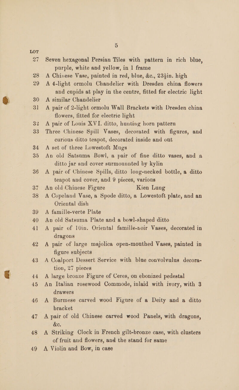 at 5 Seven hexagonal Persian Tiles with pattern in rich blue, purple, white and yellow, in 1 frame A Chinese Vase, painted in red, blue, &amp;., 234in. high A 4-light ormolu Chandelier with Dresden china flowers and capids at play in the centre, fitted for electric light A similar Chandelier A pair of 2-light ormolu Wall Brackets with Dresden china flowers, fitted for electric light A pair of Louis XVI. ditto, hunting horn pattern Three Chinese Spill Vases, decorated with figures, and curious ditto teapot, decorated inside and out A set of three Lowestoft Mugs An old Satsuma Bowl, a pair of fine ditto vases, and a ditto jar and cover surmounnted by kylin A pair of Chinese Spills, ditto long-necked bottle, a ditto teapot and cover, and 9 pieces, various An old Chinese Figare Kien Lung A Copeland Vase, a Spode ditto, a Lowestoft plate, and an Oriental dish A famille-verte Plate An old Satsuma Plate and a bowl-shaped ditto A pair of 10in. Oriental famille-noir Vases, decorated in dragons A pair of large majolica open-mouthed Vases, painted in figure subjects A Coalport Dessert Service with blue convolvulus decora- tion, 27 pieces A large bronze Figure of Ceres, on ebonized pedestal An Italian rosewood Commode, inlaid with ivory, with 3 drawers bracket A pair of old Chinese carved wood Panels, with dragons, &amp;c. A Striking Clock in French gilt-bronze case, with clusters of fruit and flowers, and the stand for same A Violin and Bow, in case