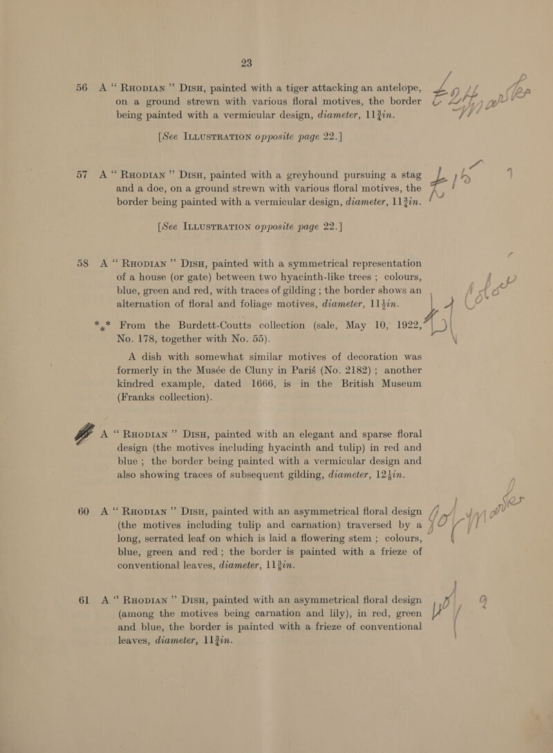 56 A “ Ruopian ”’ Disu, painted with a tiger attacking an antelope, on a ground strewn with various floral motives, the border being painted with a vermicular design, diameter, 11 2in. [See ILLUSTRATION opposite page 22.] 57 A“ Ruopian ” Disu, painted with a greyhound pursuing a stag and a doe, on a ground strewn with various floral motives, the border being painted with a vermicular design, diameter, 113in. [See ILLUSTRATION opposite page 22.] 58 A “ Ruopi1an ”’ DisH, painted with a symmetrical representation of a house (or gate) between two hyacinth-like trees ; colours, blue, green and red, with traces of gilding ; the border shows an alternation of floral and foliage motives, diameter, 114cn. Soa LTO, Vite Burdett-Coutts collection (sale, May 10, 1922, No. 178, together with No. 55). A dish with somewhat similar motives of decoration was formerly in the Musée de Cluny in Paris (No. 2182) ; another kindred example, dated 1666, is in the British Museum (Franks collection). A “ Ruopian ” DisH, painted with an elegant and sparse floral design (the motives including hyacinth and tulip) in red and blue ; the border being painted with a vermicular design and also showing traces of subsequent gilding, diameter, 124in. 60 &lt;A “ Ruopian ”’ Disu, painted with an asymmetrical floral design long, serrated leaf on which is laid a flowering stem ; colours, blue, green and red; the border is painted with a frieze of conventional leaves, diameter, 112in. 61 &lt;A “ Ruopran ”’ DisuH, painted with an asymmetrical floral design (among the motives being carnation and lily), in red, green and blue, the border is painted with a frieze of conventional leaves, diameter, 113in. : 1 ew \ ' \
