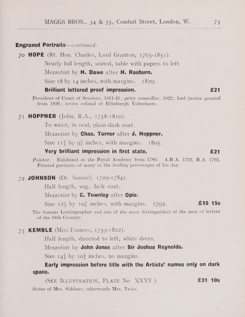   Engraved Portraits—continued. 70 HOPE (Rt: Hon. Charles, Lord Granton, :1763-1851). Nearly full length, seated, table with papers to left. Mezzotint by H. Dawe after H. Raeburn. Size 18 by 14 inches, with margins. 1820. Brilliant lettered proof impression. £21 President of Court of Sessions, 1811-41; privy councillor, 1822; lord justice general from 1836; active colonel of Edinburgh Volunteers. 71 HOPPNER (John, R.A., 1758-1810). Vo waist, mueval, plam darkcoat. Mezzotint by Chas. Turner after J. Hoppner. Size 112 by o£ inches, with margins. 1805. Very brilliant impression in first state. £21 Painter. Exhibited at the Royal Academy from 1780. A.R.A. 1792, R.A. 1795. Painted portraits of many of the leading personages of his day. 72 JOHNSON (Dr. Samuel, 1709-1784). Halt leneth, wie, dazk coat. Mezzotint by 6. Townley after Opie- Size 124 by to? inches, with margins. 17092. £15 15s The famous Lexicographer and one of the most distinguished of the men of letters of the 18th Century. 73 KEMBLE (Miss Frances, 1759-1822). Half length, directed to left, white dress. Mezzotint by John Jones after Sir Joshua Reynolds. Size 142 by 10% inches, no margins. Early impression before title with the Artists’ names only on dark space. (ob PeRUSTRATION, -LATE No, XXX .). £31 10s Sister of Mrs. Siddons; afterwards Mrs. Twiss.
