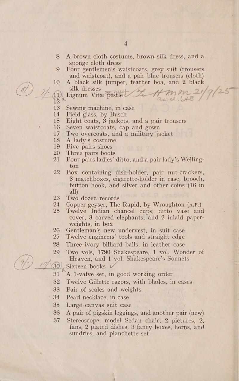 8 A brown cloth costume, brown silk dress, and a sponge cloth dress 9 Four gentlemen’s waistcoats, grey suit (trousers and waistcoat), and a pair blue trousers (cloth) 10 A black silk eee feather boa, and 2 black (wpe ile Veiwecces AD i. os Ode re dn Lignum Vite teatle (&lt;*&gt; GF 7 hati and &amp; f peter {2 * Qe' at LAE 13 Sewing machine, in case 14 Field glass, by Busch 15 Ejight coats, 3 jackets, and a pair trousers 16 Seven waistcoats, cap and gown 17 Two overcoats, and a military jacket 18 A lady’s costume 19 Five pairs shoes 20 ‘Three pairs boots 21 Four pairs ladies’ ditto, and a pair lady’s Welling- ton 22 Box containing dish-holder, pair nut-crackers, 3 matchboxes, cigarette-holder in case, brooch, button hook, and silver and other coins (16 in all) 23 Two dozen records 24 Copper geyser, The Rapid, by Wroughton (A.F.) 25 Twelve Indian chancel cups, ditto vase and cover, 3 carved elephants, and 2 inlaid paper- weights, in box 26 Gentleman’s new undervest, in suit case 27 Twelve engineeis’ tools and straight edge 28 Three ivory billiard balls, in leather case 29 Two vols, 1790 Shakespeare, 1 vol. Wonder of _. Heaven, and 1 vol. Shakespeare’s Sonnets 30) Sixteen books “ 31 A 1-valve set, in good working order 32 Twelve Gillette razors, with blades, in cases 33 Pair of scales and weights ' 34 Pearl necklace, in case 35 Large canvas suit case ey 36 A pair of pigskin leggings, and another pair (new). 37 Stereoscope, model Sedan chair, 2 pictures, 2, 4 fans, 2 plated dishes, 3 fancy boxes, horns, and sundries, and planchette set