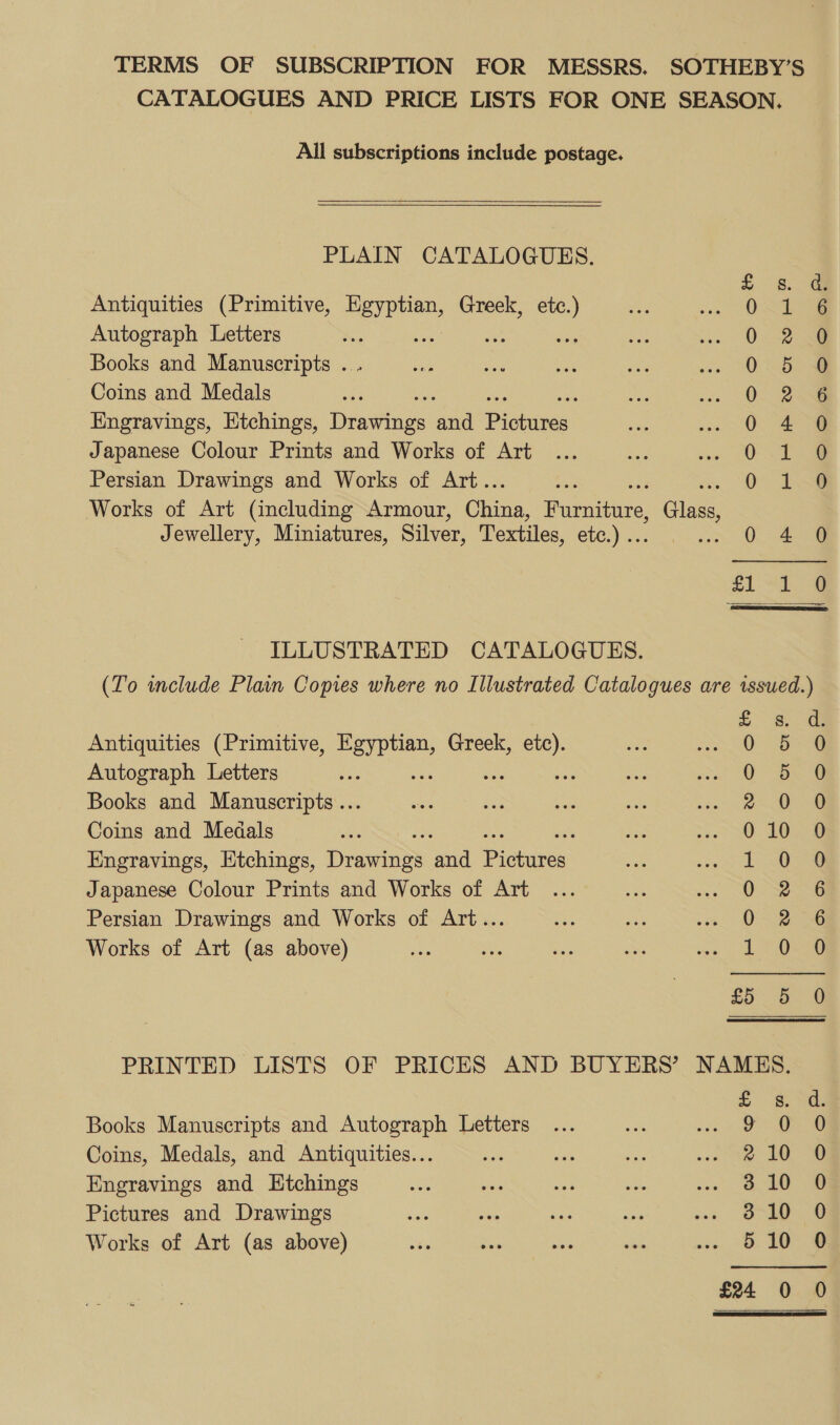 TERMS OF SUBSCRIPTION FOR MESSRS. SOTHEBY’S CATALOGUES AND PRICE LISTS FOR ONE SEASON. All subscriptions include postage.  minfa PLAIN CATALOGUES. Antiquities (Primitive, Egyptian, Greek, etc.) Autograph Letters Gee ne ek Books and Manuscripts . Coins and Medals Engravings, Etchings, Diawears ate Protiinesc Japanese Colour Prints and Works of Art Persian Drawings and Works of Art.. Works of Art (including Armour, Ching, usu, Glaes, Jewellery, Miniatures, Silver, Textiles, etc.) .. SS oo So So ot Me BP wow HTP Soca oo of an) HS =,  ILLUSTRATED CATALOGUES. (To include Plain Copies where no Illustrated Catalogues are issued.) Antiquities (Primitive, la Greek, ne Autograph Letters : a Books and Manuscripts... Coins and Meaals Engravings, Etchings, Drevin nl Pionares Japanese Colour Prints and Works of Art Persian Drawings and Works of Art... Works of Art (as above) aS Soe SG 2 .co ot 4 (=&gt;) ° Danooocco# th or Or Oo PRINTED LISTS OF PRICES AND BUYERS’ NAMES. £ 8. Books Manuscripts and Autograph Letters ... ae oan ae Coins, Medals, and Antiquities... i 210 0 Engravings and Htchings - oes a &gt; Be Pictures and Drawings Be i bass = vot: ee Works of Art (as above) § 10 ®