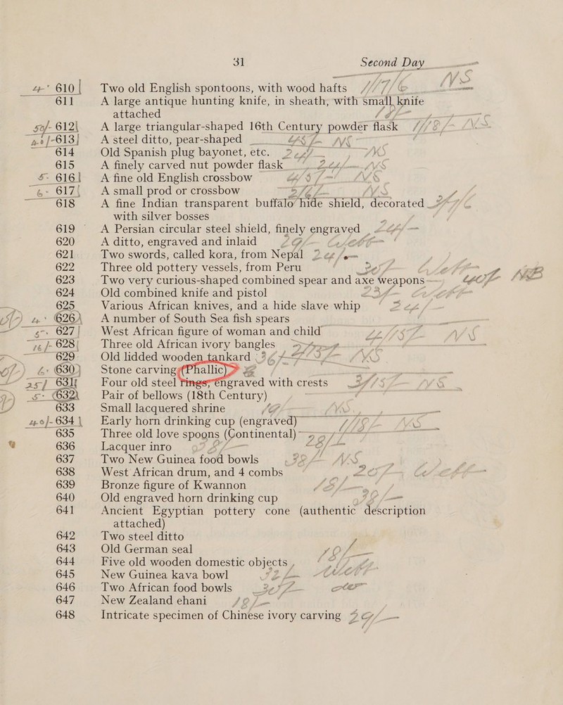633 635 636 637 638 639 640 641 642 643 644 645 646 647 648 Two old English spontoons, with wood has: Mh bf G A large antique hunting knife, in sheath, with small, nite attached / A large triangular-shaped 16th Century powser atk A steel ditto, pear-shaped _.. SZ. MK Old Spanish plug bayonet, etc.) ) 2.27. ny 4.2. A finely carved nut powder flask © i Prva A fine old English crossbow if 9 j- A small prod or crossbow Wa A fine Indian transparent buffalo” Fate = Fre ees with silver bosses 7 A Persian circular steel shield, finely peravgd hfs A ditto, engraved and inlaid AG Ebi Two swords, called kora, from Nepal 2 e¢ /4— Three old pottery vessels, from Peru ¢ .) Old combined knife and pistol Various African knives, and a hide slave hin A number of South Sea fish spears West African figure of woman and child Three old African ivory bangles = 3 4pp=59 Old lidded Me ae BE FFA Stone carvings ele 2 . ny Four old steel fings*éngraved with crests 2” Pair of bellows (18th Century)    Small lacquered shrine (G K\ sere Early horn drinking cup tenmeabear™ LACL LAS Three old love spogns pn omental, oe, {forkn Perey a Lacquer inro be 28/ oe Two New Guinea food bowls Sf West African drum, and 4 combs 7 el Bronze figure of Kwannon 42 igs Old engraved horn drinking cup DG nm Ancient Egyptian pottery cone (authentic description attached) Two steel ditto 7 Old German seal POPS. Five old wooden domestic objects ; tA i New Guinea kava bowl TSE fa OE Two African food bowls ‘&lt; foe oer New Zealand ehani Intricate specimen of Chinece ivory carving ° a G,