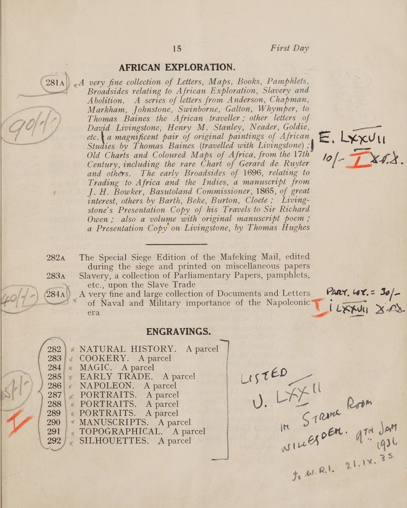 AFRICAN EXPLORATION. wee (281) A very fine collection of Letters, Maps, Books, Pamphlets, Sel Broadsides relating to African Exploration, Slavery and Abolition. A series of letters from Anderson, Chapman, Markham, Johnstone, Swinborne, Galton, Whymper, to a lee wy al,f -) Thomas Baines the African traveller ; other letters of CAC [| of David Livingstone, Henry M. Stanley, Neader, Goldie, Studies by Thomas Baines (travelled with Livingstone) ;4 es Old Charts and Coloured Maps of Africa, from the 17th oN Century, including the rare Chart aaa de Ruyter lof on Lx . and others. The early Broadsides of 1696, relating to Trading to Africa and the Indies, a manuscript from é J. H. Bowker, Basutoland Commissioner, 1865, of great interest, others by Barth, Beke, Burton, Cloete ; Living- stone’s Presentation Copy of his Travels to Sir Richard Owen ; also a volume with original manuscript poem ; a Presentation Copy on Livingstone, by Thomas Hughes | | NO er etc.4 a magnificent pair of original paintings of African E, Lyx | | 2824 The Special Siege Edition of the Mafeking Mail, edited during the siege and printed on miscellaneous papers 283A Slavery, a collection of Parliamentary Papers, pamphlets, i etc., upon the Slave Trade ‘pio @) (284a\) A very fine and large collection of Documents and Letters 4R7, Lev, = Jo/—- | ok &lt;’* of Naval and Military importance of the Napoleonic™” eras Vy LxKUii XPS. ENGRAVINGS. 282 | ¥ NATURAL HISTORY. A-parcel 283 | COOKERY. “Ar parcel  284 &lt;« MAGIC. A parcel &gt;&gt;) \ 285)» EARLY TRADE. A parcel x ee een j ! ‘ is ' 1b’ | | 286)«&lt; NAPOLEON. A parcel Se 287|~ PORTRAITS. A parcel LAr U fe 288 | « PORTRAITS. A parcel i). us Quah ay _ | 289 x PORTRAITS. A parcel ne | 290 |~ MANUSCRIPTS. A parcel G1 | } 291 fy TOPOGRAPHICAL.” A parcel (nt oat. qi pdt \ 2927 SE HOUn! PES) A parcel NI i A ple Wise 