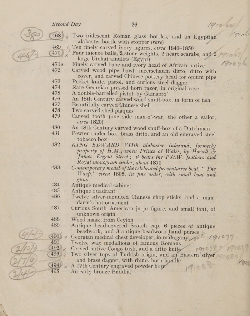  7 ac Re phy es { e » ; : IK &gt;) (468), Two iridescent Roman glass bottles, and an igyptian en ee alabaster bottle with stopper (rare) a 469. &lt; Ten finely carved ivory figures, circa 1840-1850 For (470, Four faience balls, 2.stone weights, 2 heart scarabs, and2 / user Leena large Utchat amulets (Egypt) f. | 4714 Finely carved bone and ivory head of African native 472 Carved wood pipe bowl, meerschaum ditto, ditto with cover, and carved Chinese pottery head for opium pipe 473 Pocket knife, pistol, and curious steel dagger é 474 Kare Georgian pressed horn razor, in original case 475 A double-barrelled pistol, by Gainsbro’. 476 An 18th Century carved wood snuff-box, in form of fish 477 Beautifully carved Chinese shell 478 Two carved shell plaques FES | 479 Carved tooth (one side man-o’-war, the other a sailor, circa 1820) 480 An 18th Century carved wood snuff-box of a Dutchman 48] Pewter tinder box, brass ditto, and an old engraved steel tobacco box | 482 KING EDWARD VIIth alabaster inkstand, formerly property of H.M.; when Prince of Wales, by Howell &amp; James, Regent Street; it bears the P.O.W. feathers and Royal monogram under, about 1870 483 Contemporary model of the celebrated preventative boat, ‘‘ The Wasp,” circa 1805, in fine order, with small boat and LUns 484 Antique medical cabinet 485 Antique quadrant . 486 Twelve silver-mounted Chinese chop sticks, and a man- darin’s hat ornament , 487 Curious South American ju ju figure, and small font, of unknown origin | 3 488 Wood mask, from Ceylon 489 Antique bead-covered Scotch cap, 6 pieces of antique Port BX | beadwork, and 3 antique beadwork hand purses’ bo = Nor A 490) x Georgian medical chest developer, in mahogany. &lt;&lt; |« A979 = 491 Twelve wax medallions of famous Romans ae 9 ffs fo (492) » Carved native Congo tusk, and a ditto knife” roe ee Net neti (493°. Two silver tops of Turkish origin, and an Eastern silver / te i fhe 2 nota and brass dagger, with rhino. horn haridle ; el 4 \494) .~ A 17th Century engraved powder neni »