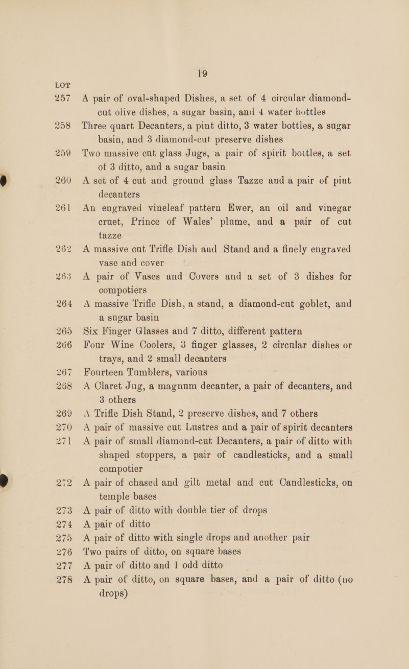 A pair of oval-shaped Dishes, a set of 4 circular diamond- cut olive dishes, a sugar basin, and 4 water bottles Three quart Decanters, a pint ditto, 3 water bottles, a sugar basin, and 3 diamond-cut. preserve dishes Two massive cut glass Jugs, a pair of spirit bottles, a set of 3 ditto, and a sugar basin A set of 4 cut and ground glass Tazze and a pair of pint decanters An engraved vineleaf pattern Ewer, an oil and vinegar crnuet, Prince of Wales’ plume, and a pair of cut tazze A massive cut Trifle Dish and Stand and a finely engraved vase and cover A pair of Vases and Covers and a set of 3 dishes for compotiers A massive Trifle Dish, a stand, a diamond-cut goblet, and a sugar basin Six Finger Glasses and 7 ditto, different pattern Four Wine Coolers, 3 finger glasses, 2 circular dishes or trays, and 2 small decanters Fourteen Tumblers, various A Claret Jug, a magnum decanter, a pair of decanters, and 3 others A Trifle Dish Stand, 2 preserve dishes, and 7 others A pair of massive cut Lustres and a pair of spirit decanters A pair of small diamond-cut Decanters, a pair of ditto with shaped stoppers, a pair of candlesticks, and a small compotier A pair of chased and gilt metal and cut Candlesticks, on temple bases A pair of ditto with double tier of drops A pair of ditto A pair of ditto with single drops and another pair ‘Two pairs of ditto, on square bases A pair of ditto and | odd ditto A pair of ditto, on square bases, and a pair of ditto (no drops)