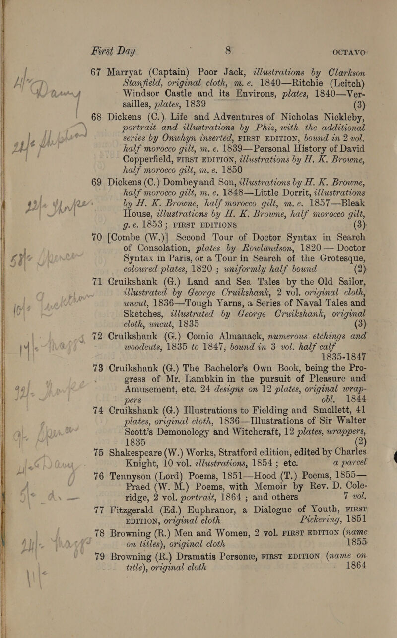     First Day 7 8 OCTAVO 67 Marryat (Captain) Poor Jack, clustrations by Clarkson Stanfield, original cloth, m.e. 1840—Ritchie (Leitch) Windsor Castle and its Environs, plates, 1840—Ver- sailles, plates, 1839 = (3) portrait and illustrations by Phiz, with the additional series by Onwhyn inserted, FIRST EDITION, bound in 2 vol. half morocco gilt, m. e. 1839—Personal History of David Copperfield, FrrsT EDITION, tlustrations by H. K. Browne, half morocco gut, m.e. 1850 69 Dickens (C.) Dombeyand Son, zlustrations by H. K. Browne, half morocco gilt, m. e. 1848—Little Dorrit, 2//ustrations by H. K. Browne, half morocco gilt, m.e. 1857—Bleak House, wlustrations by H. K. Browne, half morocco gilt, g. ¢. 1853; FIRST EDITIONS (3): 70 [Combe (W.)] Second Tour of Doctor Syntax in Search of Consolation, plates by Rowlandson, 1820 — Doctor Syntax in Paris, or a Tour in Search of the Grotesque, coloured plates, 1820 ; uniformly half bound (2). 71 Cruikshank (G.) Land and Sea Tales by the Old Sailor, lustrated by George Cruikshank, 2 vol. original cloth, uncut, 1836—Tough Yarns, a Series of Naval Tales and Sketches, cllustrated by George Cruikshank, original cloth, uncut, 1835 (3) 72 Cruikshank (G.) Comic Almanack, numerous etchings and woodcuts, 1835 to 1847; bound in 3 vol. half calf 1835-1847 73 Cruikshank (G.) The Bachelor’s Own Book, being the Pro- gress of Mr. Lambkin in the pursuit of Pleasure and Amusement, etc. 24 designs on 12 plates, original wrap- pers obl. 1844 74 Cruikshank (G.) Illustrations to Fielding and Smollett, 41 plates, original cloth, 1836—Illustrations of Sir Walter Scott’s Demonology and Witchcraft, 12 plates, wrappers, 1835 (2) Knight, 10 vol. zd/ustrations, 1854 ; ete. a parcel 76 Tennyson (Lord) Poems, 1851—Hood (T.) Poems, 1855— Praed (W. M.) Poems, with Memoir by Rev. D. Cole- ridge, 2 vol. portrait, 1864 ; and others 7 vol. 77 Fitzgerald (Ed.) Euphranor, a Dialogue of Youth, First EDITION, original cloth Pickering, 1851 on titles), original cloth 1855. 79 Browning (R.) Dramatis Persons, FIRST EDITION (name on