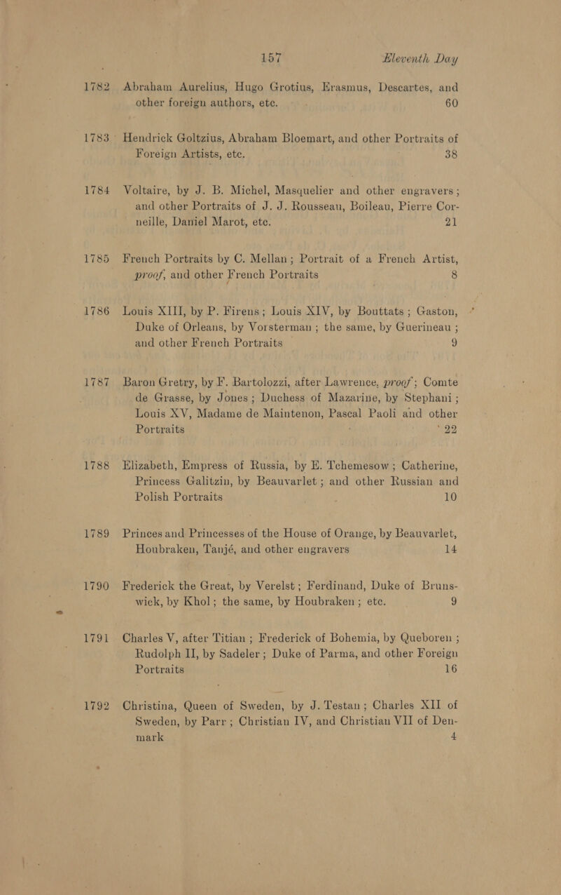 1784 1786 1787 1788 1790 1791 1792 157 Eleventh Day Abraham Aurelius, Hugo Grotius, Erasmus, Descartes, and other foreign authors, etc. | 60 Hendrick Goltzius, Abraham Bloemart, and other Portraits of Foreign Artists, ete. 38 Voltaire, by J. B. Michel, Masquelier and other engravers ; and other Portraits of J. J. Rousseau, Boileau, Pierre Cor- neille, Daniel Marot, ete. aL French Portraits by C. Mellan; Portrait of a French Artist, proof, and other French Portraits 8 Louis XIII, by P. Firens; Louis XIV, by Bouttats ; Gaston, Duke of Orleans, by Vorsterman ; the same, by Guerineau ; and other French Portraits | 9 Baron Gretry, by F. Bartolozzi, after Lawrence. proof; Comte de Grasse, by Jones; Duchess of Mazarine, by Stephani ; Louis XV, Madame a Maintenon, Pascal Paoli and other Portraits * 22 Elizabeth, Empress of Russia, by E. Tchemesow ; Catherine, Princess Galitzin, by Beauvarlet ; and other Russian and Polish Portraits ; 10 Princes and Princesses of the House of Orange, by Beauvarlet, Houbraken, Tanjé, and other engravers 14 Frederick the Great, by Verelst; Ferdinand, Duke of Bruns- wick, by Khol; the same, by Houbraken ; ete. 9 Rudolph II, by Sadeler; Duke of Parma, and other Foreign Portraits 16 Christina, Queen of Sweden, by J. Testan; Charles XII of Sweden, by Parr; Christian IV, and Christian VII of Den-