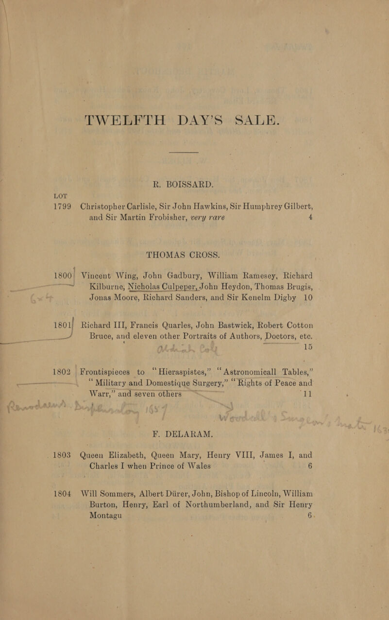 TWELFTH DAY’S SALE. R. BOISSARD. LOT 1799 Christopher Carlisle, Sir John Hawkins, Sir Humphrey Gilbert, and Sir Martin Frobisher, very rare 4 THOMAS CROSS. { 1800 Vincent Wing, John Gadbury, William Ramesey, Richard ~~ Kilburne, Nicholas Culpeper, John Heydon, Thomas Brugis, Jonas Moore, Richard Sanders, and Sir Kenelm Digby 10 i 1801) Richard III, Francis Quarles, John Bastwick, Robert Cotton a otal Bruce, and eleven other Portraits of Authors, Doctors, ete. | 15 1802 Frontispieces to “ Hieraspistes,” “ Astronomicall Tables,” -—ooOoO * Military and Domestique Dargery ‘Rights of Peace and Warr,” and seven others aa F¥. DELARAM. _ 1803 Queen Elizabeth, Queen Mary, Henry VIII, James I, and / Charles I when Prince of Wales 6 1804 Will Sommers, Albert Diirer, John, Bishop of Lincoln, William Burton, Henry, Earl of Northumberland, and Sir Henry