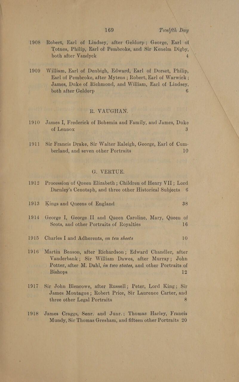 1910 1911 1912 1913 1914 “1915 1916 1917 1918 169 Twelfth Day Totnes, Philip, Earl of Pembroke, and Sir Kenelm Digby, both after Vandyck 4 William, Earl of Denbigh, Edward, Earl of Dorset, Philip, Earl of Pembroke, after Mytens ; Robert, Earl of Warwick ; James, Duke of Richmond, and William, Earl of Lindsey, both after Geldorp 6 R. VAUGHAN. — James I, Frederick of Bohemia and Family, and James, Duk of Lennox | 3 Sir Francis Drake, Sir Walter Raleigh, George, Earl of Cum- berland, and seven other Portraits 10 G. VERTUE. Procession of Queen Elizabeth ; Children of Henry VII; Lord Darnley’s Cenotaph, and three other Historical Subjects 6 Kings and Queens of England . 38 George I, George II and Queen Caroline, Mary, Queen of Scots, and other Portraits of Royalties 16 Charles I and Adherents, on ten sheets 10 Martin Benson, after Richardson; Edward Chandler, after Vanderbank; Sir William Dawes, after Murray; John Potter, after M. Dahl, in two states, and other Portraits of Bishops BD Sir John Blencowe, after Russell; Peter, Lord King; Sir James Montague; Robert Price, Sir Laurence Carter, and three other Legal Portraits 8 James Craggs, Senr. and Junr.; Thomas Harley, Francis Mundy, Sir Thomas Gresham, and fifteen other Portraits 20