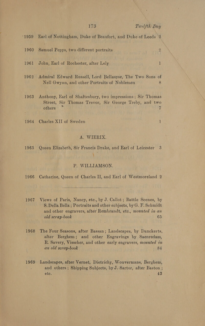‘1959 1960 1961 1962 1963 1964 1965 1966 1967 1968 1969 173 Twelfth Day Earl of Nottingham, Duke of Beaufort, and Duke of Leeds °3 Samuel Pepys, two different portraits 2 John, Earl of Rochester, after Lely 1 Admiral Edward Russell, Lord Bellasyse, The Two Sons of Nell Gwynn, and other Portraits of Noblemen 8 Anthony, Earl of Shaftesbury, two impressions; Sir Thomas Street, Sir Thomas Trevor, Sir George Treby, and two others ~ 7 Charles XII of Sweden > 1 A. WIERIX. Queen Elizabeth, Sir Francis Drake, and Earl of Leicester 3 Wi P. WILLIAMSON. Catharine, Queen of Charles IJ, and Earl of Westmoreland 2  Views of Paris, Nancy, etc., by J. Callot; Battle Scenes, by S. Della Bella ; Portraits and other subjects, by G. F. Schmidt and other engravers, after Rembrandt, etc., mounted in an old scrap-book 65 The Four Seasons, after Bassan; Landscapes, by Danckerts, after Berghem; and other Engravings by Saenredam, R. Savery, Visscher, and other early engravers, mounted in an old scrap-book 84 Landscapes, after Vernet, Dietrichy, Wouvermans, Berghem, and others ; Shipping Subjects, by J- Sartor, after Baston ; etc. 43