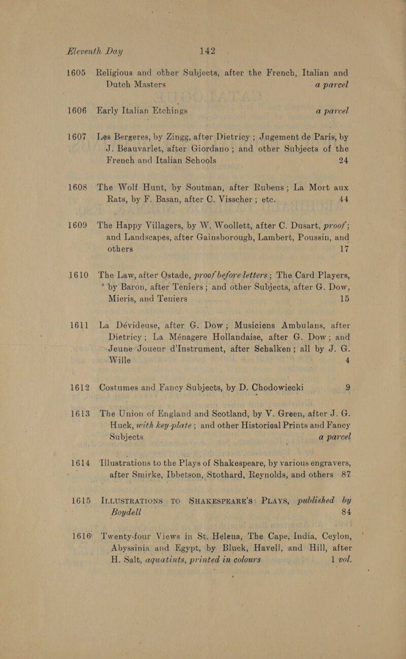 1605 1606 1607 1608 1609 1610 1611 1612 1613 1614 1615 Religious and other Subjects, after the French,. Italian and Dutch Masters a parcel Early Italian Etchings a parcel Les Bergeres, by Zingg, after Dietricy ; Jugement de Paris, by J. Beauvarlet, after Giordano ; and other mAWP oN of the French and Italian Schools 24 The Wolf Hunt, by Soutman, after Rubens; La Mort aux Rats, by F. Basan, after C. Visscher ; etc. 44 The Happy Villagers, by W. Woollett, after C. Dusart, proo/; and Landscapes, after Gainsborough, Lambert, Poussin, and others 17 The Law, after Ostade, proof before letters ; The Card Players, &gt; by Baron, after Teniers ; and other Subjects, after G. Dow, Mieris, and Teniers 15 La Dévideuse, after G. Dow; Musiciens Ambulans, after Dietricy; La Ménagere Hollandaise, after G. Dow; and Jeune Joueur d’Instrument, after Schalken; all by J. G. Wille 4 Costumes and Fancy Subjects, by D. Chodowiecki | is) The Union of England and Scotland, by V. Green, after J. G. Huck, with key-plate ; and other Historieal Prints and Fancy Subjects a parcel Tllustrations to the Plays of Shakespeare, by various engravers, after Smirke, Ibbetson, Stothard, Reynolds, and others 87 ILLUSTRATIONS TO SHAKESPEARE’S: PLAys, published by Boydell | 84 Twenty-four Views in St. Helena, The Cape, India, Ceylon, _ Abyssinia and Egypt, by Bluck, Havell, and Hill, after