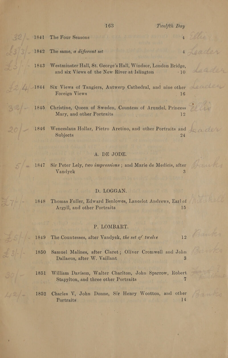 1841 1842 1843 1844 1846 1847 1848 1849 1850 1851 1852 165 Twelfth Day The Four Seasons 4 The same, a different set 4 and six Views of the New River at Islington -10 Six Views of Tangiers, Antwerp Cathedral, and nine other Foreign Views S56 Christine, Queen of Sweden, Countess of Arundel, Princess Mary, and other Portraits 12 Wenceslaus Hollar, Pietro Aretino, and other Portraits and Subjects 24 A. DE JODE. Sir Peter Lely, two impressions ; and Marie de Medicis, after Vandyck 5 D. LOGGAN. Thomas Fuller, Edward Benlowes, Lancelot Andrews, Ear] of Argyll, and other Portraits 15 P. LOMBART. The Countesses, after Vandyck, the set of twelve 12 Samuel Malines, after Claret; Oliver Cromwell and John Dallaeus, after W. Vaillant 3 William Davison, Walter Charlton, John Sparrow, Robert Stapylton, and three other Portraits 7 Charles V, John Donne, Sir Henry Wootton, and other