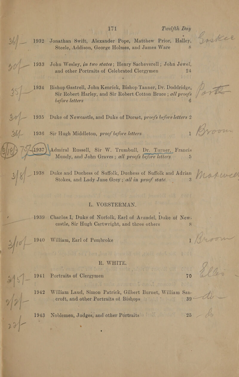 PA A. 1934 AC ; ai &gt;| —— Syi— 1935 sf :1936 cA 1938 | I me 4,1 4999 —_— 1940 1943   171 Twelfth Day Jonathan Swift, Alexander Pope, Matthew Prior, Halley, Steele, Addison, George Holmes, and James Ware 8 John Wesley, in two states; Henry Sacheverell ; John Jewel, and other Portraits of Celebrated Clergymen 24 Bishop Gastrell, John Kenrick, Bishop Tanner, Dr. Doddridge, Sir Robert Harley, and Sir Robert Cotton Bruce ; all proofs before letters 6 Duke of Newcastle, and Duke of Dorset, proofs before letters 2 Sir Hugh Middleton, proof before letters 1 Admiral Russell, Sir W. Trumbull, Dr. Turner, Francis Mundy, and John Graves; all proofs before letters Duke and Duchess of Suffolk, Duchess of Suffolk and Adrian Stokes, and Lady Jane Grey; all in proof state 3 L. VORSTERMAN. Giaulss I, Duke of Norfolk, Earl of Arundel, Duke of New- hi, castle, Sir Hugh Cartwright, and three others 8 William, Earl of Pembroke 3 Le R. WHITE. Portraits of Clergymen 70 croft, and other Portraits of Bishops Noblemen, Judges, and other Portraits 25