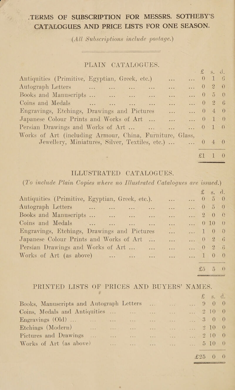 TERMS OF SUBSCRIPTION FOR MESSRS, SOTHEBY’S CATALOGUES AND PRICE LISTS FOR ONE SEASON. (All Subscriptions include postage.)  PLAIN CATALOGUES. Dae disse, st). Antiquities (Primitive, Egyptian, Greek, etc.) 0 ae Autograph Letters O ee Books and Manuscripts .. ee — oe > OR Coins and Medals Re - tat OM ae Engravings, Etchings, Deets and ‘Gohiees eee te i 88) Japanese Colour Prints and Works of Art ... as on De ee Persian Drawings and Works of Art . a a 0 Sheet Works of Art (including Armour, Cran ernie Glass Jewellery, Miniatures, Silver, Textiles, ete.) . eee ILLUSTRATED CATALOGUES. (T’o include Plain Copies where no Illustrated Catalogues are issued.)  SSC Antiquities (Primitive, Egyptian, Greek, etc.). on iy | ae Autograph Letters ie tre. ate re + roe et Books and Manuscripts ... ae are es AB 2500 anes Coins and Medals ai Ate ie OSL Kngravings, Etchings, inerane: and fice Be ce L SAU Japanese Colour Prints and Works of Art ... a re Ale Persian Drawings and Works of Art ... en aon >. eal ae Works of Art (as above) oes ae es re --: i Ue oo. fae PRINTED LISTS OF PRICES AND BUYERS’ NAMES. : Pe Fag Books, Manuscripts and Autograph Letters... ae ai es ae Coins, Medals and Antiquities 9 Engravings (Old) ... 3 Etchings (Modern) ) Pictures and Drawings... + a or ee eit ne Works of Art (as above) 5 