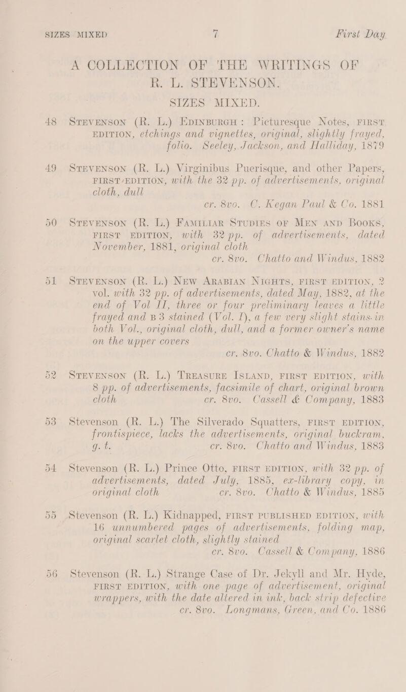 49 Or Or o6 if first Day A COLLECTION OF THE WRITINGS OF R. L. STEVENSON. SIZES MIXED. STEVENSON (R. L.) EpinspurcH: Picturesque Notes, First EDITION, etchings and vignettes, original, slightly frayed, folio. Seeley, Jackson, and Halliday, 1879 STEVENSON (R. L.) Virginibus Puerisque, and other Papers, FIRST/EDITION, with “the 32 pp. of advertisements, original cloth, dull cr. 800. @.. Kegan Paul & Co. 1881 STEVENSON (R. L.) Famiiiar Stupies or MEN anp Books, FIRST EDITION, with 32 pp. of advertisements, dated November, 1881, original cloth cr. 8v0. Chatto and Windus, 1882 STEVENSON (R. L.) NEw ARABIAN NIGHTS, FIRST EDITION, 2 vol. with 32 pp. of advertisements, dated May, 1882, at the end of Vol Il, three or four preliminary leaves a little frayed and B3 stained (Vol. I), a few very slight stains. in both Vol., original cloth, dull, and a former owner's name on the upper covers cr. 8vo. Chatto & Windus, 1882 STEVENSON (R. L.) TREASURE ISLAND, FIRST EDITION, with 8 pp. of advertisements, facsimile of chart, original brown cloth cr. 8vo. Cassell & Company, 1883 Stevenson (R. lL.) The Silverado Squatters, FIRST EDITION, frontispiece, lacks the advertisements, original buckram, Oi t cr. 8v0. Chatto and Windus, 1883 Stevenson (R. L.) Prince Otto, FIRST EDITION, with 32 pp. of advertisements, dated ult 1885, ex-library copy, im original cloth . 8vo. Chatto & Windus, 1885 Stevenson (R. L.) Kidnapped, FIRST PUBLISHED EDITION, with 16 unnumbered pages of advertisements, folding map, original scarlet cloth, slightly stained cr. 8vo. Cassell & Company, 1886 Stevenson (R. L.) Strange Case of Dr. Jekyll and Mr. Hyde, FIRST EDITION, with one page of advertisement, original wrappers, Ww ith the date altered in ink, back strip defective cr. 8vo. Longmans, Green, and Co. 1886