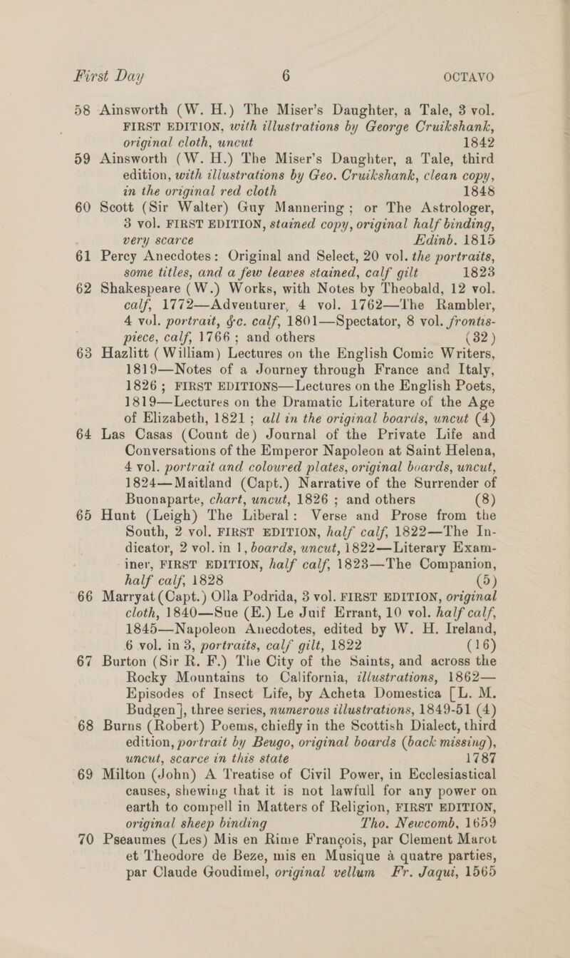 58 59 60 61 62 63 64 65 66 67 68 69 70 Ainsworth (W. H.) The Miser’s Daughter, a Tale, 3 vol. FIRST EDITION, with illustrations by George Cruikshank, original cloth, uncut 1842 Ainsworth (W. H.) The Miser’s Daughter, a Tale, third edition, with iliustrations by Geo. Cruikshank, clean copy, in the original red cloth 1848 Scott (Sir Walter) Guy Mannering; or The Astrologer, 3 vol. FIRST EDITION, stained copy, original half binding, very scarce Edinb. 1815 Percy Anecdotes: Original and Select, 20 vol. the portraits, some titles, and a few leaves stained, calf gilt 1823 Shakespeare (W.) Works, with Notes by Theobald, 12 vol. calf, 1772—Adventurer, 4 vol. 1762—The Rambler, 4 vol. portrait, gc. calf, 1801—Spectator, 8 vol. frontis- prece, calf, 1766; and others (32 ) Hazlitt (William) Lectures on the English Comic Writers, 1819—Notes of a Journey through France and Italy, 1826; FIRST EDITIONS—Lectures on the English Poets, 1819—Lectures on the Dramatic Literature of the Age of Elizabeth, 1821 ; all in the original boards, uncut (4) Las Casas (Count de) Journal of the Private Life and Conversations of the Emperor Napoleon at Saint Helena, 4 vol. portrait and coloured plates, original boards, uncut, 1824—Maitland (Capt.) Narrative of the Surrender of Buonaparte, chart, uncut, 1826 ; and others (8) Hunt (Leigh) The Liberal: Verse and Prose from the South, 2 vol. FIRST EDITION, half calf, 1822—The In- dicator, 2 vol. in 1, boards, uncut, 1822—Literary Exam- iner, FIRST EDITION, half calf, 1823—The Companion, half calf, 1828 (5) Marryat (Capt. ) Olla Podrida, 3 vol. FIRST EDITION, original cloth, 1840—Sue (E.) Le Juif Errant, 10 vol. half calf, 1845—Napoleon Anecdotes, edited by W. H. Ireland, 6 vol. in 3, portraits, cal/ gilt, 1822 (16) Burton (Sir R. F.) The City of the Saints, and across the Rocky Mountains to California, cllustrations, 1862— Episodes of Insect Life, by Acheta Domestica [L. M. Budgen j, three series, numerous illustrations, 1849-51 (4) Burns (Robert) Poems, chiefly in the Scottish Dialect, third edition, portrait by Beugo, original boards (back missing), uncut, scarce in this state 1787 Milton (John) A Treatise of Civil Power, in Ecclesiastical causes, Shewing that it is not lawfull for any power on earth to compell in Matters of Religion, FIRST EDITION, original sheep binding Tho. Newcomb, 1659 Pseaumes (Les) Mis en Rime Francois, par Clement Marot et Theodore de Beze, mis en Musique a quatre parties, par Claude Goudimel, original vellum Fr. Jaqui, 1565