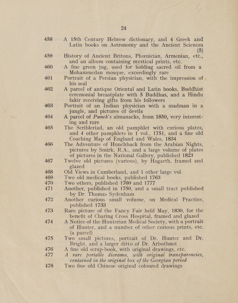 458 459 460 461 462 463 464 465 466 468 469 470 47] 472 473 474 475 476 477 478 24 A 15th Century Hebrew dictionary, and 4 Greek and Latin books on Astronomy and the Ancient Sciences (5) History of Ancient Britons, Phoenician, Armenian, etc., and an album containing mystical prints, etc. A fine green jug, used for holding sacred oil from a Mohammedan mosque, exceedingly rare Portrait of a Persian physician, with the impression of his seal A parcel of antique Oriental and Latin books, Buddhist ceremonial breastplate with 5 Buddhas, and a Hindu fakir receiving gifts from his followers Portrait of an Indian physician with a madman in a jungle, and pictures of devils A parcel of Punch’s almanacks, from 1850, very interest- ing and rare The Scribleriad, an old pamphlet with curious plates, and 4 other pamphlets in 1 vol., 1751, and a fine old Coaching Map of England and Wales, 1834 The Adventure of Hunchback from the Arabian Nights, pictures by Smirk, R.A., and a large volume of plates of pictures in the National Gallery, published 1823 Twelve old pictures (various), by Hogarth, framed and glazed Old Views in Cumberland, and 1 other large vol. Two old medical books, published 1763 Two others, published 1760 and 1777 Another, published in 1750, and a small tract published by Dr. Thomas Sydenham Another curious small volume, on Medical Practice, published 1733 | Rare picture of the Fancy Fair held May, 1830, for the benefit of Charing Cross Hospital, framed and glazed A Notice of the Hunterian Medical Society, with a portrait of Hunter, and a number of other curious prints, etc. (a parcel) Two small pictures, portrait of Dr. Hunter and Dr. Bright, and a larger ditto of Dr. Arbuthnot A fine old scrap-book, with original drawings, etc. A rare portable diorama, with original transparenctes, contained in the original box of the Georgian period Two fine old Chinese original coloured drawings