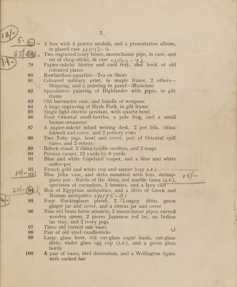    \j 6/° bo a _¥* 6) « A box with 4 pewter medals, and a presentation album, ee in glazed case 4} HYs wn 6 5 78), « Two engraved ivory boxes, meerschaum pipe, in case, and ee set of chop-sticks, in case «pj/4,g = 42. Papier-maché blotter and card tray, a book of old coloured plates 80 Rowlandson aquatint—Tea on Shore 81 Coloured military print, in maple frame, 2. others— .. Shipping, and a painting in panel—Musicians 82 Speculative painting of Highlander with pipes, in gilt frame 83 Old barometer case, and bundle of weapons 84 A large engraving of Hyde Park, in gilt frame 85 Single light electric pendant, with quartz bowl 86 Four Oriental snuff-bottles, a jade frog, and a small bronze ornament 87 A papier-maché inlaid writing desk, 2 pot lids, china inkwell and cover, and 2 pottery cows 88 Two Toby jugs, bowl and cover, pair of Oriental spill vases, and 2 others 89 Beleek stand, 2 china candle-snuffers, and 2 mugs 90 Persian carpet, 12 yards by 6 yards 91 Blue and white Copeland teapot, and a blue and white coffee-pot French gold and white cup and saucer (CUP A. F.}qmmmeemnnmneeneutoia Blue John vase, and ditto mounted with lens, shrimp- j OF aim paste pot—-Battle of the Alma, red marble tazza (A.F.), t : specimen of corundum, 2 bronzes, and ailava cast’ ———CSOS~S~SN 29) = (4) Box of Egyptian antiquities, and a ditto of Greek and or “ Roman antiquities -fysy S- @ | 95 Four Rockingham plates’, 2 ‘/Longuy ditto, green ginger jar and cover, and a crocus jar and cover 96 Nine old brass horse amulets, 2 meerschaum pipes, carved , wooden spoon, 2 pieces Japanese red lac, an Indian lac tray, and 2 ivory pegs  92 J} = 93) Ew rt a7 Three old turned oak vases J 98 Pair of old steel candlesticks | 99 Large glass boot, red cut-glass sugar basin, cut-glass ditto, violet glass egg cup (A.F.), and a green glass bottle 100 A pair of vases, bird decoration, and a Wellington figure with cocked hat