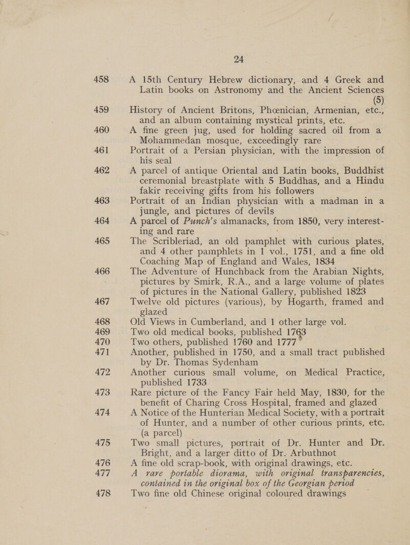 458 459 460 461 462 463 464 465 466 467 468 469 470 47] 472 473 474 475 476 477 478 24 A 15th Century Hebrew dictionary, and 4 Greek and Latin books on Astronomy and the Ancient Sciences (5) History of Ancient Britons, Phoenician, Armenian, etc., and an album containing mystical prints, etc. A fine green jug, used for holding sacred oil from a Mohammedan mosque, exceedingly rare Portrait of a Persian physician, with the impression J his seal : A parcel of antique Oriental and Latin books, Buddhist ceremonial breastplate with 5 Buddhas, and a Hindu fakir receiving gifts from his followers Portrait of an Indian physician with a madman in a jungle, and pictures of devils A parcel of Punch’s almanacks, — 1850, yee interest- ing and rare The Scribleriad, an old panies with curious plates, and 4 other pamphlets in 1 vol., 1751, and a fine old Coaching Map of England and Wales, 1834 The Adventure of Hunchback from the Arabian Nights, pictures by Smirk, R.A., and a large volume of plates of pictures in the National Gallery, published 1823 Twelve old pictures (various), by Hogarth, framed and glazed Old Views in Cumberland, and 1 other large vol. Two old medical books, published 1763 Two others, published 1760 and 1777 Another, published in 1750, and a small tract published by Dr. Thomas Sydenham Another curious small volume, on Medical Practice, published 1733 Rare picture of the Fancy Fait held May, 1830, for the benefit of Charing Cross Hospital, framed and glazed A Notice of the Hunterian Medical Society, with a portrait of Hunter, and a number of other curious prints, etc. (a parcel) Two small pictures, portrait of Dr. Hunter and Dr. Bright, and a larger ditto of Dr. Arbuthnot A fine old scrap-book, with original drawings, etc. A rare portable diorama, with original transparencies, contained in the original box of the Georgian period Two fine old Chinese original coloured drawings