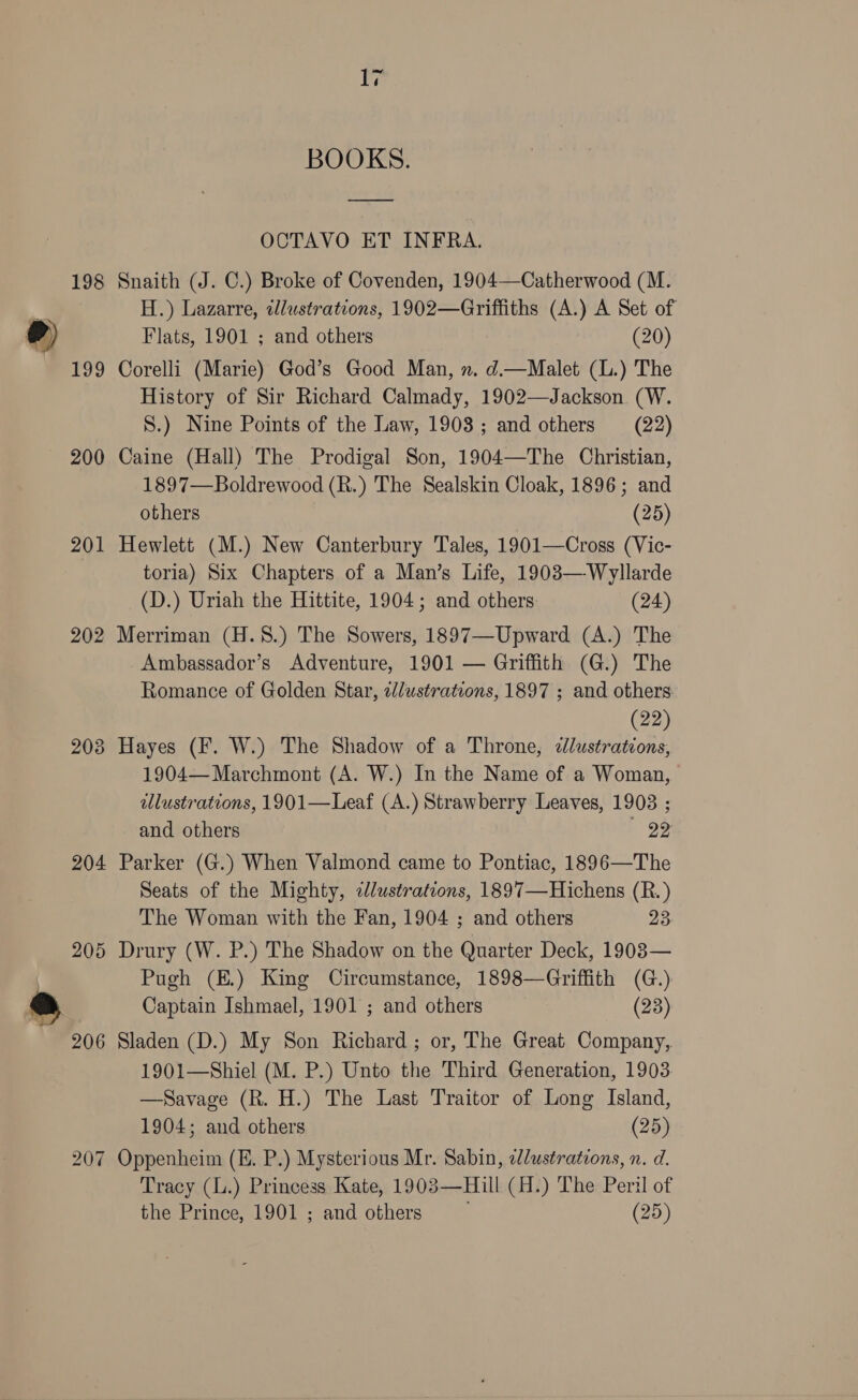 BOOKS. OCTAVO ET INFRA. 198 Snaith (J. C.) Broke of Covenden, 1904—Catherwood (M. H.) Lazarre, alustrations, 1902—Griffiths (A.) A Set of Flats, 1901 ; and others (20) 199 Corelli (Marie) God’s Good Man, ». d.—Malet (L.) The History of Sir Richard Calmady, 1902—Jackson. (W. S.) Nine Points of the Law, 1903; and others (22) 200 Caine (Hall) The Prodigal Son, 1904—The Christian, 1897—Boldrewood (R.) The Sealskin Cloak, 1896; and others (25) 201 Hewlett (M.) New Canterbury Tales, 1901—Cross (Vic- toria) Six Chapters of a Man’s Life, 1903—Wyllarde (D.) Uriah the Hittite, 1904; and others (24) 202 Merriman (H.8.) The Sowers, 1897—Upward (A.) The Ambassador’s Adventure, 1901 — Griffith (G.) The Romance of Golden Star, ¢//ustrations, 1897 ; and others. (22) 203 Hayes (F. W.) The Shadow of a Throne, dlustrations, 1904—Marchmont (A. W.) In the Name of a Woman, illustrations, 1901—Leaf (A.) Strawberry Leaves, 1903 ; and others Oe 204 Parker (G.) When Valmond came to Pontiac, 1896—The Seats of the Mighty, 7Jlustrations, 1897—Hichens (R.) The Woman with the Fan, 1904 ; and others 23 205 Drury (W. P.) The Shadow on the Quarter Deck, 1903— Pugh (E.) King Circumstance, 1898—Griffith (G.) Captain Ishmael, 1901 ; and others (23) 206 Sladen (D.) My Son Richard ; or, The Great Company, 1901—Shiel (M. P.) Unto the Third Generation, 1903 —Savage (R. H.) The Last Traitor of Long Island, 1904; and others (25) 207 Oppenheim (E. P.) Mysterious Mr. Sabin, ¢lustrations, n. d. Tracy (L.) Princess Kate, 1903—Hill (H.) The Peril of the Prince, 1901 ; and others (25)