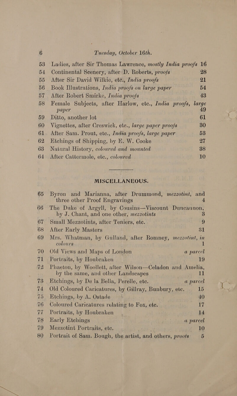 65 66 67 68 69 70 71 72 73 74 15 76 77 78 79 Tuesday, October 16th. Ladies, after Sir Thomas Lawrence, mostly India proofs 16 Continental Scenery, after: D. Roberts, proofs 28 After Sir David Wilkie, eté¢., India proofs 21 Book Illustrations, India proofs on large paper 54 After Robert Smirke, India proofs 48 Female Subjects, after Harlow, etc., India proofs, large paper 49 Ditto, another lot 61 Vignettes, after Creswick, etc., large paper proofs 30 _ After Sam. Prout, etc., India proofs, large paper 53 Etchings of Shipping, by E. W. Cooke 27 Natural History, coloured and mounted | 38 After Cattermole, ete., coloured 10 MISCELLANEOUS. ‘Byron and Marianna, after Drummond, mezzotint, and three other Proof Eingravings 4 The Duke of Argyll, by Cousins—Viscount Duncannon, _ by J. Chant, and one other, mezzotints | ig. Small Mezzotints, after T'eniers, etc. 9 After Karly Masters — 31 Mrs. Whatman, by Skee after Romney, mezzotint, in colours 1 Old Views and Maps of London @ parcel Portraits, by Houbraken 19 Phaeton, by Woollett, after Wilson—Celadon and Amelia, by the same, and other Landscapes __ el Etchings, by De la Bella, Perelle, etc. a parcel Old Coloured Caricatures, by Gillray, Bunbury, ete. 15 Ktchings, by A. Ostade 40 Coloured Caricatures relating to Fox, ete. 17 Portraits, by Houbraken | 14 Karly Ktchings | ‘- a parcel Mezzotint Portraits, ete. | Protes 10