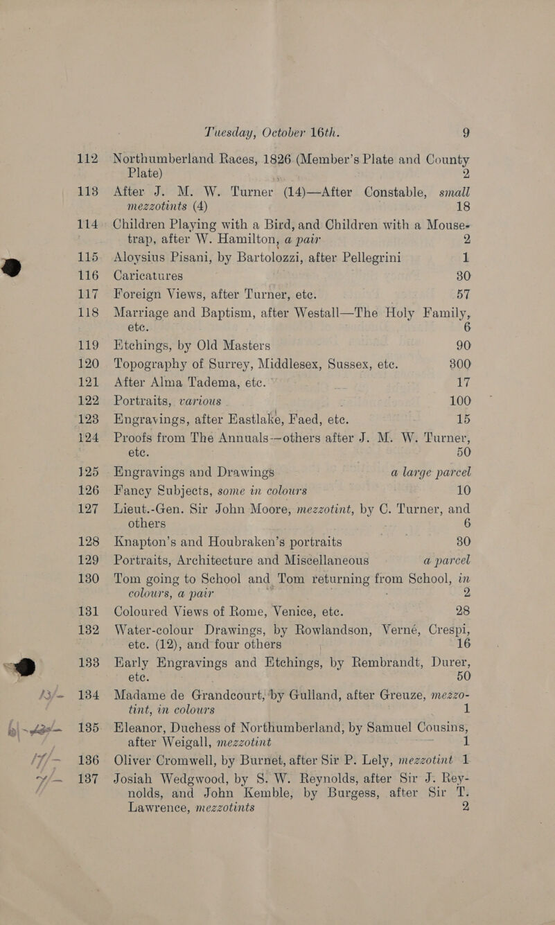 113 114 115 116 117 118 119 120 121 122 124 125 126 127 128 129 130 131 132 133 134 135 136 137 Tuesday, October 16th. 9 Northumberland Races, 1826 (Member’s Plate and eile Plate) After J. M. W. revert (14)—Atter Constable, ee mezzotints (4) 18 Children Playing with a Bird, and Children with a Mouse- trap, after W. Hamilton, @ pair 2 Aloysius Pisani, by Bartolozzi, after Pellegrini 1 Caricatures 30 Foreign Views, after Turner, ete. _5T Marriage and Baptism, after Westall—The Holy Family, etc. 6 Etchings, by Old Masters : 90 Topography of Surrey, Middlesex, Sussex, etc. 300 After Alma Tadema, ete. ie iy Portraits, various | 100 Engravings, after Eastlake, Faed, are, 15 Proofs from The Annuals-—others after J. M.. W. ‘Furner, ete. | | 50 Engravings and Drawings a large parcel Fancy Subjects, some in colours . | 10 Lieut.-Gen. Sir John Moore, mezzotint, by C. Turner, and others 6 Knapton’s and Houbraken’s portraits aes 30 Portraits, Architecture and Miscellaneous a parcel Tom going to School and Tom returning rot School, i colours, a pair | 2 Coloured Views of Rome, Venice, ete. | 28 Water-colour Drawings, by Rowlandson, Verné, Crespi, ete. (12), and four others | 16 Early Sere Ree and Etchings, by Rembrandt, Durer, etc. 50 Madame de Grandedurt by Gulland, after Greuze, mezzo- tint, in colowrs 1 Eleanor, Duchess of Northumberland, by Samuel Cousins, after Weigall, mezzotint rk Oliver Cromwell, by Burnet, after Sir P. Lely, mezzotint 1 Josiah Wedgwood, by 8. W. Reynolds, after Sir J. Rey- nolds, and John Kemble, by Burgess, after Sir T. Lawrence, mezzotints 2,