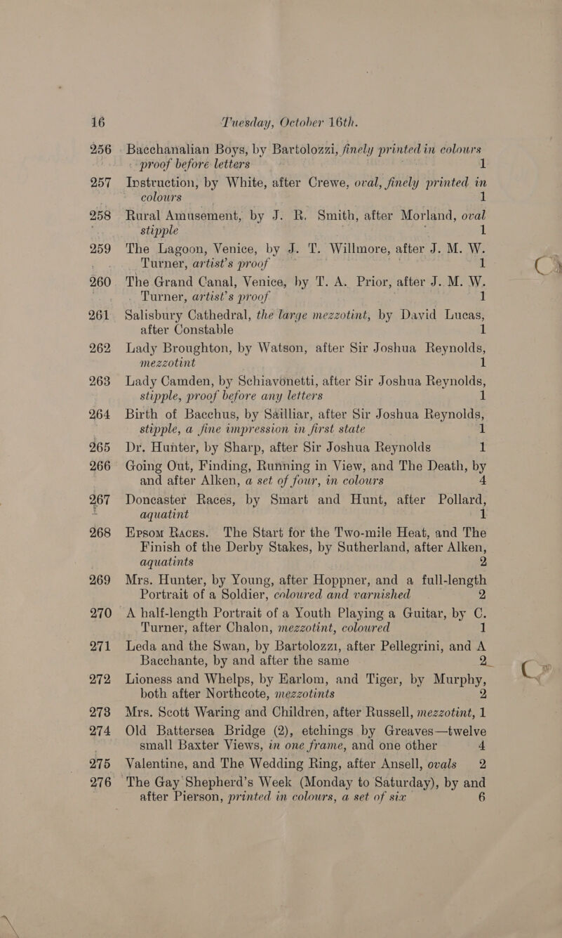 275 276 Tuesday, October 16th. Bacchanalian Boys, by Bartolozzi, finely pr inted ¢ in colours - proof before letters Instruction, by White, after Crewe, oval, ‘ene printed in colowrs — 1 Rural Amusement, by J. BR. Smith, after Morland, oval stipple 1 The Lagoon, Venice, by J. T. ‘Willmore, after Ab M. We : Turner, artist’s proof _ Turner, artist’s proof 1 Salisbury Cathedral, the large mezzotint, by David Lucas, after Constable 1 Lady Broughton, by Watson, after Sir Joshua Reynolds, mezzotint . 1 Lady Camden, by Schiavonetti, after Sir Joshua Reynolds, stipple, proof before any letters 1 Birth of Bacchus, by Sailliar, after Sir Joshua Reynolds, stupple, a fine impression wm first state 1 Dr. Hunter, by Sharp, after Sir Joshua Reynolds 1 and after Alken, a set of fowr, in colours Doncaster Races, by Smart and Hunt, after Pollard, aquatint 1 Epsom Races. The Start for the Two-mile Heat, and The Finish of the Derby Stakes, by Sutherland, after Alken, aquatints 2 Mrs. Hunter, by Young, after Hoppner, and a full- cue Portrait of a Soldier, coloured and varnished Turner, after Chalon, mezzotint, colowred Leda and the Swan, by Bartolozz1, after Pellegrini, and i Lioness and Whelps, by Harlom, and Tiger, by Murphy, both after Northcote, mezzotints 2 Mrs. Scott Waring and Children, after Russell, mezzotint, 1 Old Battersea Bridge (2), etchings by Greaves—twelve small Baxter Views, in one frame, and one other 4 Valentine, and The Wedding Ring, after Ansell, ovals 2 after Pierson, printed in colours, a set of six @ ‘ | “<7 XX