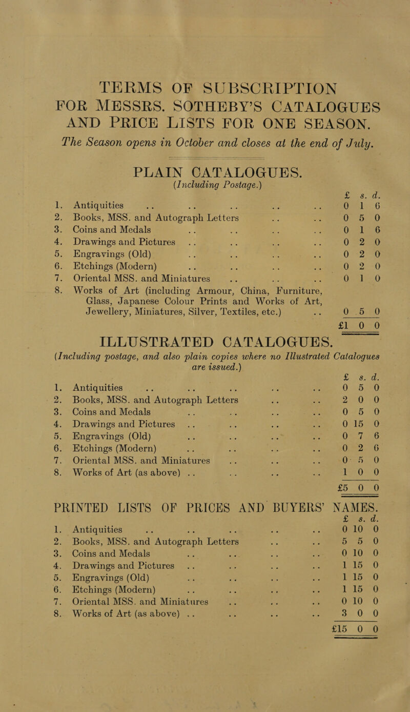 TERMS OF SUBSCRIPTION FOR MESSRS. SOTHEBY’S CATALOGUES AND PRICE LISTS FOR ONE SEASON. The Season opens in October and closes at the end of July.  PLAIN CATALOGUES. (Including Postage.)  te 8. Ut 1. Antiquities eee) 6 2. Books, MSS. and Pifosragl Metter OF bob 3. Coins and Medals ¥ = 0 1 6 4. Drawings and Pictures 0 25) 5. Engravings (Old) Ua Zea 6. Etchings (Modern) : C320 7. Oriental MSS. and Miniatieee Cente 0 8. Works of Art (including Armour, China, bieirattainr Glass, Japanese Colour Prints Bar iors of me Jewellery, Miniatures, Silver, Textiles, etc.) ; Grek) S109 ILLUSTRATED CATALOGUES. (Including postage, and also plain copies where no Illustrated Catalogues are issued.) GID TR to &lt;p Se Antiquities . 0. Dan Books, MSS. and Autograph Totter 2 0 0 Coins and Medals 0 5 0 Drawings and Pictures 015 O Engravings (Old) OS2t a0 Etchings (Modern) : Oiy2. 6 Oriental MSS. and Miniatures rea Works of Art (as above) .. LO St0 | £5,000 PRINTED LISTS OF PRICES AND BUYERS’ BEE Smo is 1. Antiquities ie es vs 010 O 2. Books, MSS. and Autograph Deters - He: bby 0 3. Coins and Medals : ; See GO 4. Drawings and Pictures Se ss at 115 0 5. Engravings (Old) 7. a os re Pre 6. Etchings (Modern) : Poe) 7. Oriental MSS. and Miniatures i a Oet0 0 8. Works of Art (as above) .. as is a ae 0 «0 0