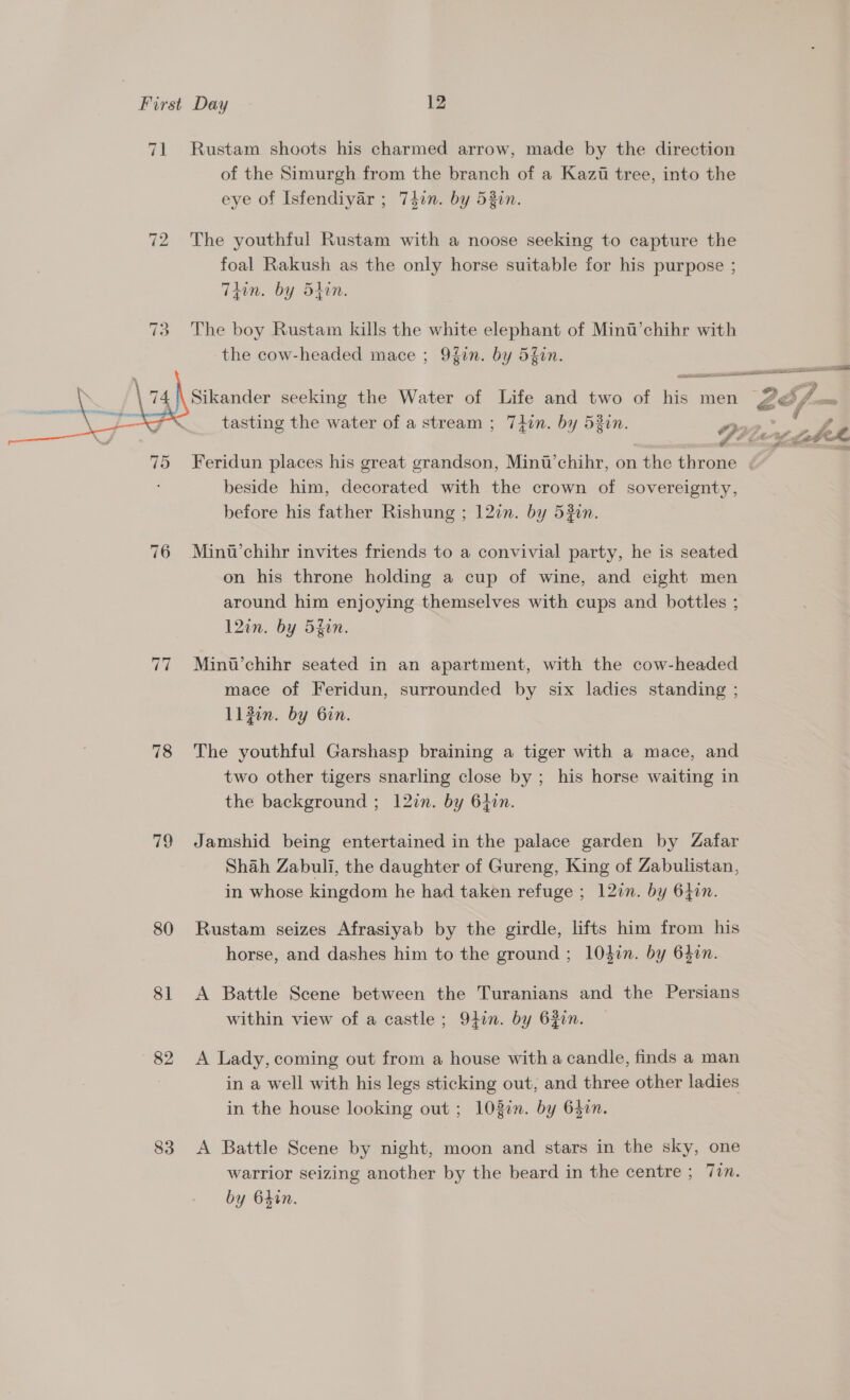 71 Rustam shoots his charmed arrow, made by the direction of the Simurgh from the branch of a Kazu tree, into the eye of Isfendiyar ; 74in. by 52in. 72 The youthful Rustam with a noose seeking to capture the foal Rakush as the only horse suitable for his purpose ; T4on. by 54on. 73 The boy Rustam kills the white elephant of Mint’chihr with the cow-headed mace ; 9fin. by 5f0n. _— mst sini tasting the water of a stream ; 71on. by 52in.  Feridun places his great grandson, Mini’chihr, on the throne ; beside him, decorated with the crown of sovereignty, before his father Rishung ; 12in. by 53in. 76 Mint’chihr invites friends to a convivial party, he is seated on his throne holding a cup of wine, and eight men around him enjoying themselves with cups and bottles ; 12in. by 5iin. 77 Mint’chihr seated in an apartment, with the cow-headed mace of Feridun, surrounded by six ladies standing ; Ll 3on. by 6in. 78 The youthful Garshasp braining a tiger with a mace, and two other tigers snarling close by ; his horse waiting in the background ; 12in. by 64in. 79 Jamshid being entertained in the palace garden by Zafar Shah Zabuli, the daughter of Gureng, King of Zabulistan, in whose kingdom he had taken refuge ; 127n. by 64in. 80 Rustam seizes Afrasiyab by the girdle, lifts him from his horse, and dashes him to the ground ; 1040n. by 630n. 81 &lt;A Battle Scene between the Turanians and the Persians within view of a castle ; 94in. by 62in. 82 A Lady, coming out from a house with a candle, finds a man | in a well with his legs sticking out, and three other ladies in the house looking out; 108¢n. by 64in. 83 &lt;A Battle Scene by night, moon and stars in the sky, one warrior seizing another by the beard in the centre ; Tin. by 640n.