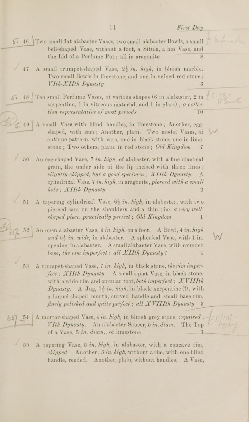 ws 16 | Two small flat alabaster Vases, two small alabaster Bowls, a small — bell-shaped Vase, without a foot, a Situla, a hes Vase, and the Lid of a Perfume Pot; all in aragonite ae: 47 A small trumpetshaped Vase, 24 7m. high, in bluish marble. Two small Bowls in limestone, and one in veined red stone ; VIth-XL1th Dynasty 3 - an . serpentine, 1 in vitreous material, and 1 in glass) ; a collec- —. tion representative of most periods 10 A ) wh <, 49 | A small Vase with blind handles, in limestone ; Another, egg- a! shaped, with ears; Another, plain. ‘’wo model Vases, of antique pattern, with ears, one in black stone, one in lime- stone ; Two others, plain, in red stone; Old Kingdom 7 50 An egg-shaped Vase, 7 zn. high, of alabaster, with a fine diagonal grain, the under side of the lip incised with three lines ; slightly chipped, but a good specimen; XLIth Dynasty. A cylindrical Vase, 7 7n. high, in aragonite, pierced with a small hole; XIIth Dynasty 2 51 <A tapering cylindrical Vase, 64 in. high, in alabaster, with two pierced ears on the shoulders anda thin rim, a very well- _ shaped piece, practically perfect ; Old Kingdom 1 ‘\”) Wh 7 52 | An open alabaster Vase, 4 77. high, ona foot. A Bowl, 4in. high -— and 54 in. wide, in alabaster. A spherical Vase, with 1 in. opening, inalabaster. Asmallalabaster Vase, with rounded base, the rim imperfect ; all XLIth Dynasty ? 4 53 A trumpet-shaped Vase, 7 7m. high, in black stone, the rim imper- ject; XIIth Dynasty. A small squat Vase, in black stone, with a wide rim and circular foot, both imperfect ; X VILIth Dynasty. A Jug, 74 in. high, in black serpentine (2), with a funnel-shaped mouth, curved handle and small base rim, a _54 | A mortar-shaped Vase, 4 in. high, in bluish grey stone, repaired ; 55 A tapering Vase, 5 in. high, in alabaster, with a concave rim, chipped. Another, 3 in. high, without arim, with one blind handle, reeded. Another, plain, without handles. <A Vase,
