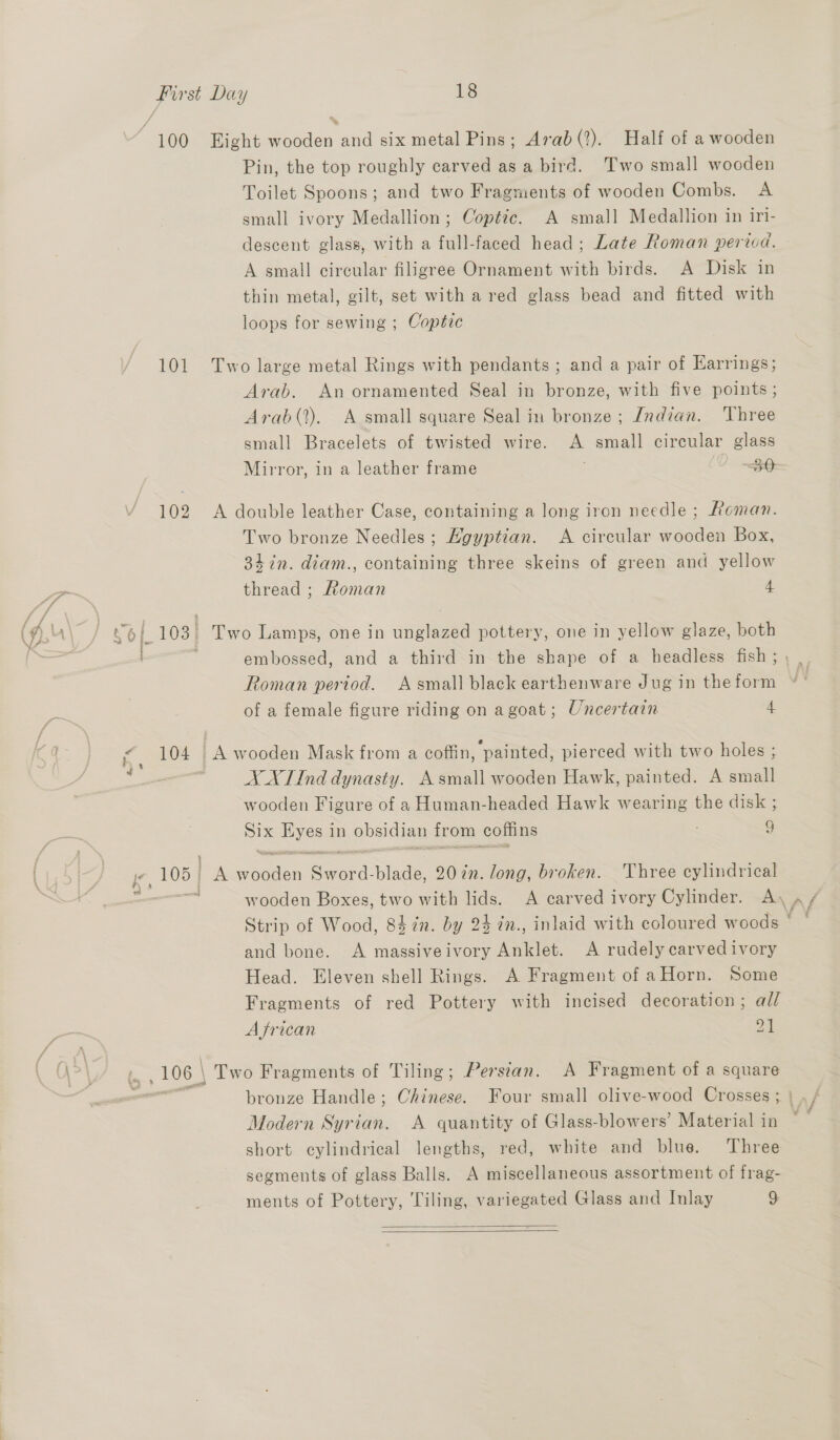 101 104 . 106 | Pin, the top roughly carved as a bird. Two small wooden Toilet Spoons; and two Fragments of wooden Combs. A small ivory Medallion; Coptic. A small Medallion in iri- descent glass, with a full-faced head; Late Roman perwd. A small circular filigree Ornament with birds. A Disk in thin metal, gilt, set with a red glass bead and fitted with loops for sewing ; Coptic Two large metal Rings with pendants ; and a pair of Harrings; Arab. An ornamented Seal in bronze, with five points ; Arab(?). A small square Seal in bronze; Jndian. Three small Bracelets of twisted wire. A small circular glass Mirror, in a leather frame <3: A double leather Case, containing a long iron needle ; Roman. Two bronze Needles; Hoyptian. <A circular uae Box, 34 in. diam., containing three skeins of green and yellow thread ; Roman 4 embossed, and a third in the shape of a headless fish ; Roman period. Asmall black earthenware Jug in the form of a female figure riding on agoat; Uncertain 4 NX XT/Ind dynasty. A small wooden Hawk, painted. A small wooden Figure of a Human-headed Hawk wearing the disk ; = Heyes in Ee from coffins 9 and bone. A massiveivory Anklet. A rudely carved ivory Head. Eleven shell Rings. A Fragment of aHorn. Some Fragments of red Pottery with incised decoration; al/ African 21 Two Fragments of Tiling; Persian. A Fragment of a square bronze Handle; Chinese. Four small olive-wood Crosses ; Modern Syrian. A quantity of Glass-blowers’ Material in short cylindrical lengths, red, white and blue. ‘Three segments of glass Balls. A miscellaneous assortment of frag- ments of Pottery, Tiling, variegated Glass and Inlay 9  