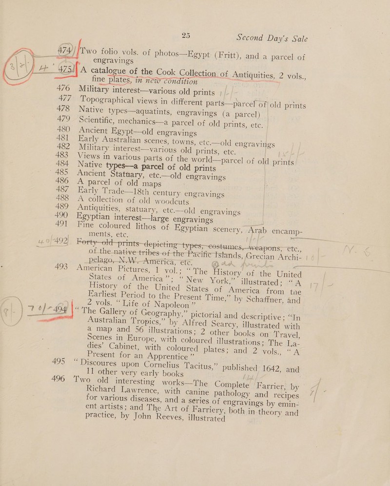  79) frwo folio vols. of photos—Egypt (F ritt), and a parcel of eB — engravings *\ fA 475i A catalogue of the Cook Collection of Antiquities, 2 vols., f Mee fine plates, in new Condition S559: Ohh 476 Military interest—various old prints | : 477 ‘Topographical views in different parts—parcel of/old prints 478 Native types—aquatints, engravings (a parcel) 479 Scientific, mechanics—a parcel of old prints, etc. 480 Ancient Egypt—old engravings | 481 Early Australian scenes, towns, etc.—old engravings 482 Military interest—various old prints, etc. Fes 4 483 Views in various parts of the world—parcel of old prints 484 Native types—a parcel oi old prints | 485 Ancient Statuary, etc.—old engravings 486 A parcel of old maps ! fo, Marly Trade_12th century engravings 488 &lt;A collection of old woodcuts | 489 Antiquities, statuary, etc.—old engravings 490 Egyptian interest—large engravings 41 &lt;P ie ‘coloured. lithos of Egyptian scenery, Arab encamp- MACTILS.. CLC: Pee a 492, Forty—old—prints~depicting—types, ~eostumes,—veapons, etc,, of the native tribes of the Pacific Tstands, Grecian Archi- | pelago, N.W.Amefica, ete @ mow yx , 2 . 493 American Pictures. ] rol tine History of the United States of America ONS Vouk? illustrated: “A History of the United States of America from tae Earliest Period to the Present Time,” by Schaffner, and \ ba Vols. lite of Napoleon” — ! } Ol 04 Nt The Gallery of Geography,” pictorial and descriptive; “In f er ii Australian 'T ropics,” by Alfred Searcy, illustrated with a map and 56 illustrations: 2 other books on ‘T'ravel, Scenes in Europe, with coloured illustrations; The Ea- dies’ Cabinet, with coloured plates: and 2 vols., “ Present for an Apprentice ”’ 495 “ Discoures upon Cornelius ‘Tacitus,” published 1642, and 11 other very early books y ety. © 496 Two old interesting works—T’he Complete Farrier, by Richard Lawrence, with canine pathology and recipes for various diseases, and a series of engravings by emin- ent artists; and The Art of F arriery, both in theory and practice, by John Reeves, illustrated 7