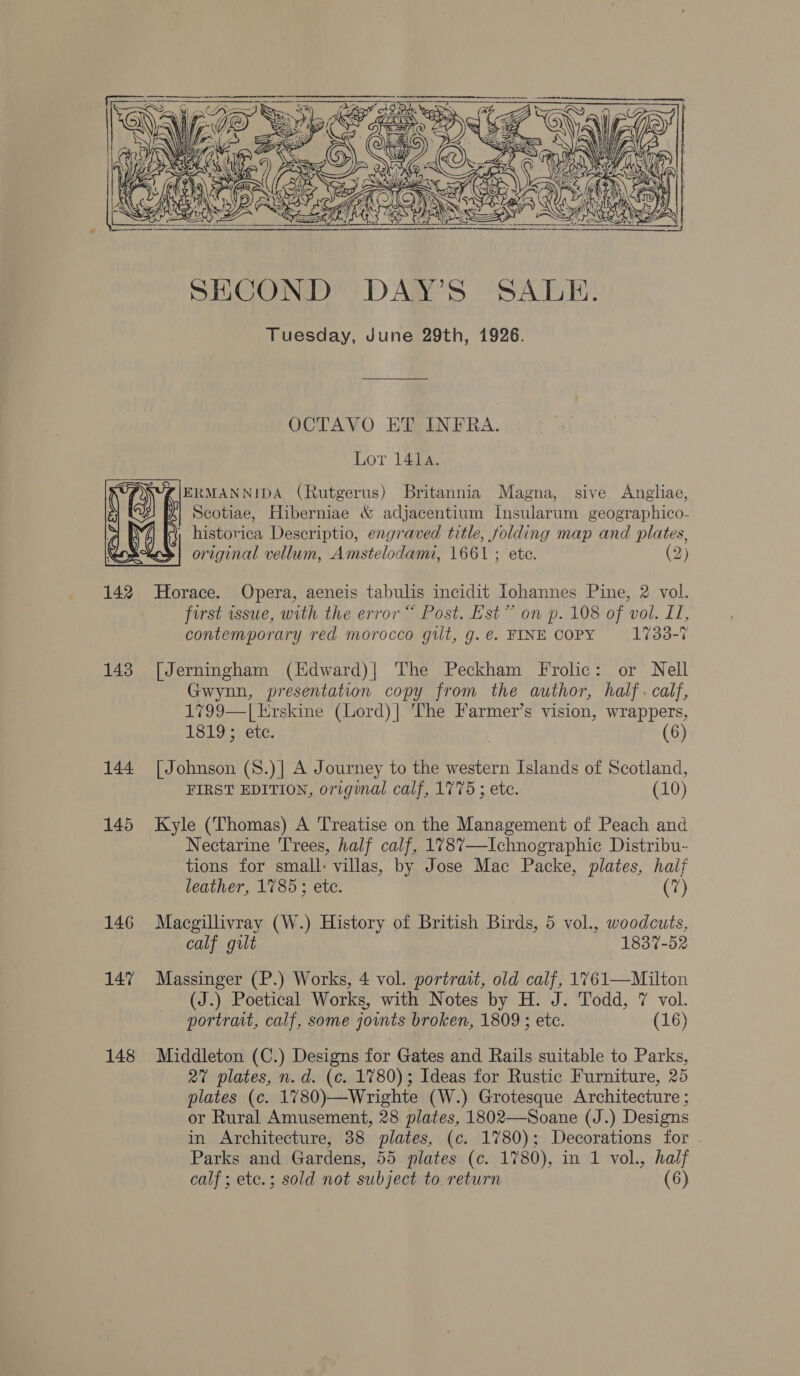  OCTAVO ET INFRA. Lot 1414. ERMANNIDA (Rutgerus) Britannia Magna, sive Angliae, Scotiae, Hiberniae &amp; adjacentium Insularum geographico- | historica Descriptio, engraved title, folding map and plates, original vellum, Amstelodami, 1661 ; ete. (2)  142 Horace. Opera, aeneis tabulis incidit Iohannes Pine, 2 vol. first issue, with the error “ Post. Est” on p. 108 of vol. LL, contemporary red morocco gilt, g. €. FINE COPY 1733-7 143 [Jerningham (Hdward)| The Peckham Frolic: or Nell Gwynn, presentation copy from the author, half. calf, 1799—| Erskine (Lord)| he Farmer’s vision, wrappers, Telos ere: (6) 144 [Johnson (8.)| A Journey to the western Islands of Scotland, FIRST EDITION, original calf, 1775 ; ete. (10) 145 Kyle (Thomas) A Treatise on the Management of Peach and Nectarine Trees, half calf, 1787—Ichnographic Distribu~- tions for small: villas, by Jose Mac Packe, plates, half leather, 1785; ete. (7) 146 Macgillivray (W.) History of British Birds, 5 vol., woodcuts, calf gilt 1837-52 14% Massinger (P.) Works, 4 vol. portrait, old calf, 1761—Milton (J.) Poetical Works, with Notes by H. J. Todd, 7 vol. portrait, calf, some jounts broken, 1809 ; etc. (16) 148 Middleton (C.) Designs for Gates and Rails suitable to Parks, 27 plates, n.d. (c. 1780); Ideas for Rustic Furniture, 25 plates (c. 1780)—Wrighte (W.) Grotesque Architecture ; or Rural Amusement, 28 plates, 1802—Soane (J.) Designs in Architecture, 38 plates, (c. 1780); Decorations for . Parks and Gardens, 55 plates (c. 1780), in 1 vol., half