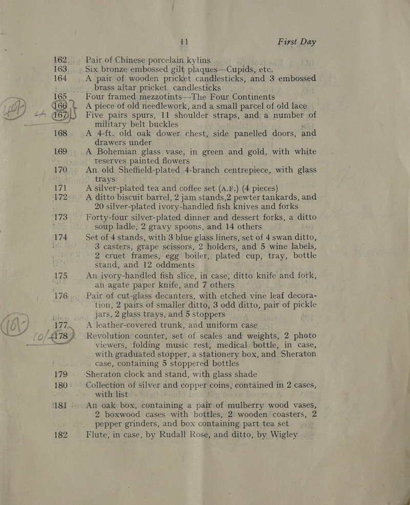181 =: 182 11 First Day Pair of Chinese porcelain kylins A pair of wooden pricket candlesticks, and 3 embossed brass altar pricket candlesticks | A piece of old needlework, and a small parcel of old lace. Five pairs spurs, 11 shoulder StrADS: and a number of military belt buckles drawers under reserves painted flowers An old Sheffield-plated 4-branch centrepiece, with glass ‘trays A silver-plated tea and coffee set (A.F.) (4 pieces) A ditto biscuit barrel, 2 jam stands,2 pewter tankards, and 20 silver-plated ivory-handled fish knives and forks soup ladle, 2 gravy spoons, and 14 others 3 casters, grape seissors, 2 holders, and 5 wine labels, 2 cruet frames, egg boiler, plated. cup, tray, bottle stand, and 12 oddments An ivory-handled fish slice, in case, ditto knife and fork, an agate paper knife, and 7 others tion, 2 pairs.of smaller ditto, 3 odd ditto, ven of ak jars, 2 glass trays, and 5 stoppers A leather-covered trunk, and uniform case Revolution counter, set of scales and weights, 2 photo viewers, folding music rest, medical. bottle, in case, with graduated stopper, a stationery box, and Sheraton case, containing 5 stoppered bottles with list 2 boxwood cases with bottles, 2 wooden coasters, 2 pepper grinders, and box containing part tea set Flute, in case, by Rudall Rose, and ditto, by Wigley
