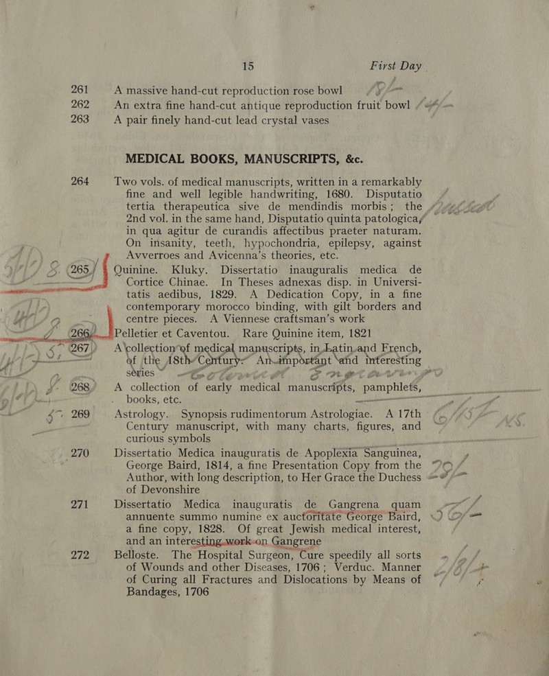262 263 264 5 265,/ 271 272  15 First Day | An extra fine hand-cut antique reproduction fruit bowl / = A pair finely hand-cut lead crystal vases MEDICAL BOOKS, MANUSCRIPTS, &amp;c. Two vols. of medical manuscripts, written in a remarkably fine and well legible handwriting, 1680. Disputatio tertia therapeutica sive de mendindis morbis; the 2nd vol. in the same hand, Disputatio quinta patologicay — in qua agitur de curandis affectibus praeter naturam. On insanity, teeth, hypochondria, epilepsy, against Avverroes and Avicenna’s theories, etc. Quinine. Kluky. Dissertatio inauguralis medica de Cortice Chinae. In Theses adnexas disp. in Universi- tatis aedibus, 1829. A Dedication Copy, in a fine contemporary morocco binding, with gilt borders and centre pieces. A Viennese craftsman’s work Pelletier et rN i Rare Quinine item, 1821 A'collection*ef m ee gO AN ae and French, of the 18th Ce Ath. heh nd RE ce séries ~ AE perl Per rae, books, etc. sige Astrology. Synopsis rudimentorum acetates! A 17th Century manuscript, with many charts, figures, and curious symbols Dissertatio Medica inauguratis de Apoplexia Sanguinea, of Devonshire Dissertatio Medica inauguratis de Gangrena quam a fine copy, 1828. Of great Jewish medical interest, and an interesting..work-on Gangrene Belloste. The Hospital Surgeon, Cure speedily all sorts of Wounds and other Diseases, 1706 ; Verduc. Manner of Curing all Fractures and Dislocations by Means ‘GF Bandages, 1706
