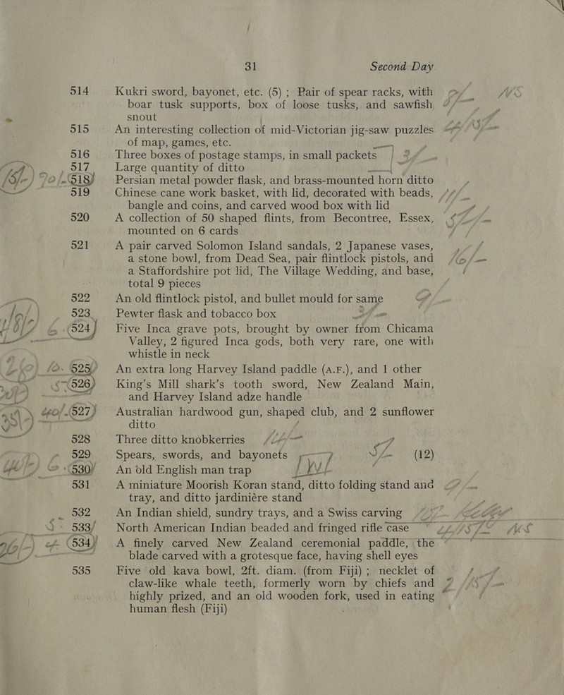Kukri sword, bayonet, etc. (5) ; Pair of spear racks, with boar tusk supports, box of loose tusks, and sawfish snout An interesting collection of mid-Victorian jig-saw puzzles of map, games, etc. Three boxes of postage stamps, in small packets Large quantity of ditto Persian metal powder flask, and brass- mounted feed ditto Chinese cane work basket, with lid, decorated with beads, bangle and coins, and carved wood box with lid | A collection of 50 shaped flints, from Becontree, Essex, mounted on 6 cards A pair carved Solomon Island sandals, 2 Japanese vases, a stone bowl, from Dead Sea, pair flintlock pistols, and a Staffordshire pot lid, The Village Wedding, and base, total 9 pieces An old flintlock pistol, and bullet mould oe same Pewter flask and tobacco box om Five Inca Poa pots, brought by owner oxi: ‘Chien Valley, 2 figured Inca gods, both very rare, one with whistle in neck An extra long Harvey Island paddle (a.F.), and 1 other King’s Mill shark’s tooth sword, New Zealand Main, and Harvey Island adze handle ) Australian hardwood gun, shaped club, and 2 sunflower ditto Three ditto knobkerries / oy — of Spears, swords, and bayonets ry Vf- (12) An old English man trap Ly, f f A miniature Moorish Koran stand, ditto folding stand ana tray, and ditto jardiniére stand An Indian shield, sundry trays, and a Swiss carving blade carved with a grotesque face, having shell eyes Five old kava bowl, 2ft. diam. (from Fiji) ; necklet of claw-like whale teeth, formerly worn by chiefs and ° highly prized, and an old wooden fork, used in eating human flesh (Fiji)