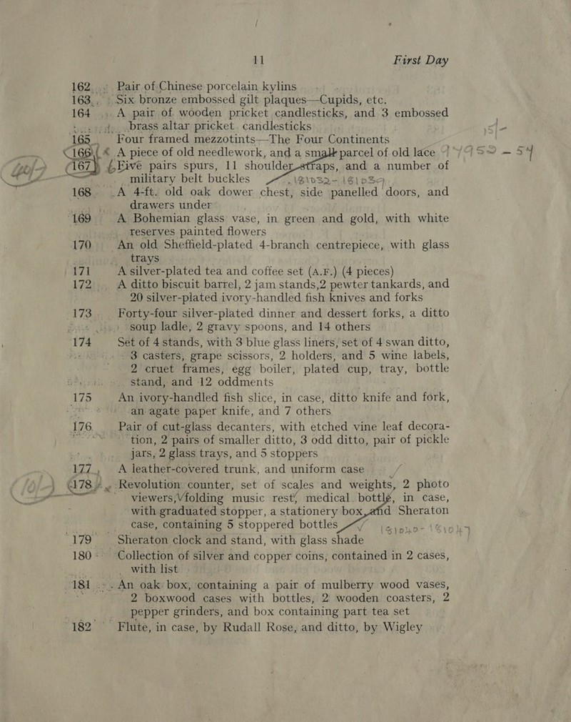 164 16 171 11 Furst Day Pair of Chinese porcelain kylins | Six. bronze embossed gilt plaques—Cupids, etc. . A. pair of. wooden pricket candlesticks, and 3 embossed Four framed mezzotints—The Four Continents Taps, and a number of military belt buckles 1D3B2- (S| 03a _A 4+ft. old oak dower chest, ake panelled doors, and drawers under A Bohemian glass vase, in green and gold, with white reserves painted flowers An old Sheffield-plated 4-branch centrepiece, with glass fe ALAS! - A silver-plated tea and coffee set (A.F.) (4 pieces) A ditto biscuit barrel, 2 jam stands,2 pewter tankards, and 20 silver-plated ivory-handled fish knives and forks _ Forty-four silver-plated dinner and dessert forks, a ditto soup ladle, 2 gravy spoons, and 14 others Set of 4 stands, with 3 blue glass liners, set of 4 swan ditto, _ 3 casters, grape scissors, 2. holders, and 5 wine labels, 2 cruet frames, egg boiler, plated cup, tray, bottle . Stand; and 12 oddments  ‘am agate paper knife, and 7 others Pair of cut-glass decanters, with etched vine leat decora- tion, 2 pairs of smaller ditto, 3 odd ditto, pair of Bie? jars, 2 glass trays, and 5 stoppers A leather- covered trunk, and uniform case &gt; ‘Revolution counter, set of scales and weights, 2 photo case, containing 5 stoppered bottles Pe ea Collection of silver and copper coins, contained in 2 cases, _ with list An oak: box, containing a pair of mulberry wood vases, 2 boxwood cases with bottles, 2 wooden coasters, 2 pepper grinders, and box containing part tea set Flute, in case, by Rudall Rose, and ditto, by Wigley