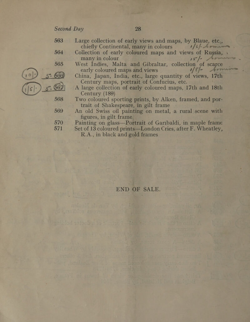 563 564 565 568 569 5970 571 Large collection of early views and maps, by Blaue, etc., chiefly Continental, many in colours [if Armes . Collection of early coloured maps and views of Russia, , many in colour s~/- 5 TY? West Indies, Malta and Gibraltar, collection of scarce | early coloured maps and views “Uj- Arner. China, Japan, India, etc., large quantity of views, 17th Century maps, portrait of Confucius, etc. A large collection of early coloured maps, 17th and 18th Century (189) Two coloured sporting prints, by Alken, framed, and por- trait of Shakespeare, in gilt frame An old Swiss oil painting on metal, a rural scene with figures, in gilt frame Painting on glass—Portrait of Garibaldi, in maple frame Set of 13 coloured prints—London Cries, after F. Wheatley, R.A., in black and gold frames END FP SALE.