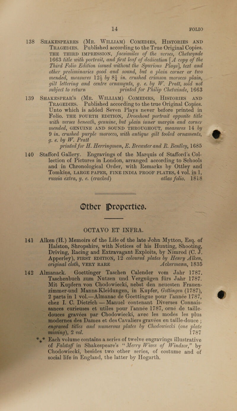 138 SHAKESPEARES (Mr. WILLIAM) CoMEDIES, HISTORIES AND TRAGEDIES. Published according to the True Original Copies. THE THIRD IMPRESSION, facsimiles of the verses, Chetwynde 1663 title with portrait, and first leaf of dedication [A copy of the Third Folio Edition issued without the Spurious Plays], teat and other preluminaries good and sound, but a plain corner or two mended, measures 124 by 84 in. er ushed crimson morocco plain, gilt lettering and centre orsiaiments g. @. by W. Pratt, sold not subject to return _ printed for Philip Chetwinde, 1663 139 SHAKESPEAR’S (MR. WILLIAM) COMEDIES, HISTORIES AND TRAGEDIES... Published according to the true Original Copies. Unto which is added Seven Plays never before printed in Folio. THE FOURTH EDITION, Droeshout portrait opposite title urth verses beneath, genuine, but plain inner margin and corner mended, GENUINE AND SOUND THROUGHOUT, measures 14 by 9 in. crushed purple morocco, with =e gilt ‘tooled ornaments, g. €. by W. Pratt printed for H. Herringman, LE. Brewster and R. Bentley, 1685 140 Stafford Gallery. Engravings of the Marquis of Stafford’s Col- lection of Pictures in London, arranged according to Schools and in Chronological Order, with Remarks by Ottley and Tomkins, LARGE PAPER, FINE INDIA PROOF PLATES, 4 vol. in 1, TUSSI extra, y. e. (cracked) atlas aie 1818 Other Properties.  Tie OCTAVO ET ANFRA, 141 Alken (H.) Memoirs of the Life Pike late John Mytton, Esq. of Halston, Shropshire, with Notices of his Hunting, Shooting, Driving, Racing and Extravagant Exploits, by Nimrod (C. J. Apperley), FIRST EDITION, 12 coloured plates by Henry Alken, original cloth, VERY RARE Ackermann, 1835 142 Almanack. Goettinger Taschen Calender vom Jahr 1787. - Taschenbuch zum Nutzen und Vergniigen fiirs Jahr 1787. Mit Kupfern von Chodowiecki, nebst den neuesten Frauen- _ zimme -und Manns-Kleidungen, in Kupfer, Gottingen (1787), | vol.—Almanac de Goettingue pour l’année 1787, . Dietrich — Manuel contenant Diverses Connais- s et utiles pour l’année 1787, orné de taille- par Chodowiecki, avec les modes les plus Dames et des Cavaliers gravées en taille-douce ; es and numerous plates by Chodowiecki (one plate 2 vol. 1787 - Eac Foiime contains a series of twelve engravings illustrative of Falstaff in Shakespeare’s “ Merry Wives of Windsor,” by Chodowiecki, besides two other series, of costume and of social life in England, the latter by Hogarth.            *