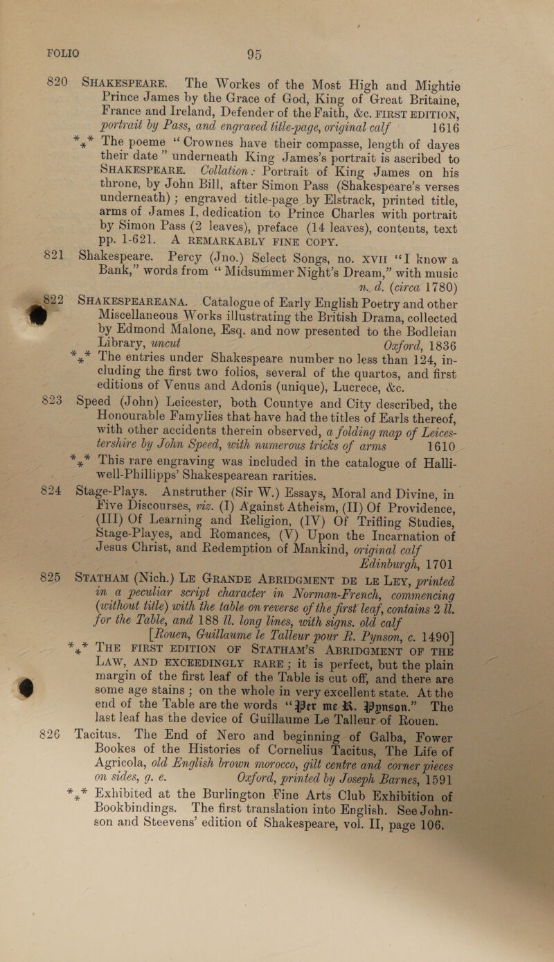 820 SHAKESPEARE. The Workes of the Most High and Mightie Prince James by the Grace of God, King of Great Britaine, France and Ireland, Defender of the Faith, &amp;c. FIRST EDITION, portraat by Pass, and engraved title-page, original calf 1616 *,* The poeme ‘“Crownes have their compasse, length of dayes their date” underneath King James’s portrait is ascribed to SHAKESPEARE. Collation: Portrait of King James on his throne, by John Bill, after Simon Pass (Shakespeare’s verses underneath) ; engraved title-page by Elstrack, printed title, arms of James I, dedication to Prince Charles with portrait by Simon Pass (2 leaves), preface (14 leaves), contents, text pp. 1-621. A REMARKABLY FINE COPY. 821 Shakespeare. Percy (Jno.) Select Songs, no. xvit “I know a Bank,” words from “ Midsummer Night’s Dream,” with music | n.d. (circa 1780) 822 SHAKESPEAREANA. Catalogue of Early English Poetry and other . Miscellaneous Works illustrating the British Drama, collected by Edmond Malone, Esq. and now presented to the Bodleian Library, uncut Oxford, 1836 *,* The entries under Shakespeare number no less than 124, in- cluding the first two folios, several of the quartos, and first editions of Venus and Adonis (unique), Lucrece, &amp;c. 823 Speed (John) Leicester, both Countye and City described, the Honourable Famylies that have had the titles of Earls thereof, with other accidents therein observed, a folding map of Leices- tershire by John Speed, with numerous tricks of arms 1610_ *, This rare engraving was included in the catalogue of Halli- well-Phillipps’ Shakespearean rarities. 824 Stage-Plays. Anstruther (Sir W.) Essays, Moral and Divine, in Five Discourses, wiz. (I) Against Atheism, (II) Of Providence, (III) Of Learning and Religion, (IV) Of Trifling Studies, Stage-Playes, and Romances, (V) Upon the Incarnation of Jesus Christ, and Redemption of Mankind, original calf | Edinburgh, 1701 825 StaTHAM (Nich.) LE GRANDE ABRIDGMENT DE LE LEY, printed im a peculiar script character in Norman-French, commencing (without title) with the table on reverse of the first leaf, contains 2 Il. for the Table, and 188 il. long lines, with signs. old calf [Ltouen, Guillaume le Tallewr pour R. Pynson, c. 1490] *,* THE FIRST EDITION OF STATHAM’S ABRIDGMENT OF THE LAW, AND EXCEEDINGLY RARE; it is perfect, but the plain a margin of the first leaf of the Table is cut off, and there are . some age stains ; on the whole in very excellent state. At the _ end of the Table are the words ‘per me 3%. 3pnson.” The last leaf has the device of Guillaume Le Talleur of Rouen. 826 Tacitus. The End of Nero and beginning of Galba, Fower Bookes of the Histories of Cornelius Tacitus, The Life of Agricola, old English brown morocco, gilt centre and corner pieces on sides, g. €. Oxford, printed by Joseph Barnes, 1591 *,* Exhibited at the Burlington Fine Arts Club Exhibition of Bookbindings. The first translation into English. See John- — son and Steevens’ edition of Shakespeare, vol. II, page 106. _ 