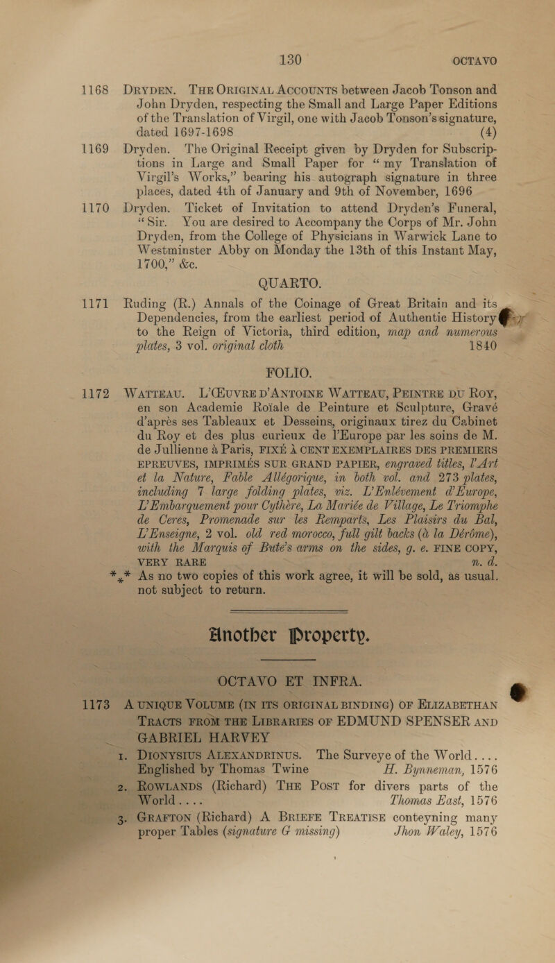 of the Translation of Virgil, one with Jacob Tonson’s signature, dated 1697-1698 (4) 1169 Dryden. The Original Receipt given by Dryden for Subscrip- tions in Large and Small Paper for “my Translation of Virgil’s Works,” bearing his autograph signature in three places, dated 4th of J anuary and 9th of November, 1696 1170 Dryden. Ticket of Invitation to attend Dryden’s Funeral, “Sir. You are desired to Accompany the Corps of Mr. John Dryden, from the College of Physicians in Warwick Lane to Westminster Abby on Monday the 13th of this Instant May, 1700,” &amp;c. QUARTO. 1171 Ruding (R.) Annals of the Coinage of Great Britain and its Dependencies, from the earliest period of Authentic History to the Reign of Victoria, third edition, map and numerous FOLIO. 1172 WarttEav. L’QuvRED’ANTOINE WATTEAU, PEINTRE DU Roy, en son Academie Roiale de Peinture et Sculpture, Gravé d’apres ses Tableaux et Desseins, originaux tirez du Cabinet du Roy et des plus curieux de Europe par les soins de M. de Jullienne 4 Paris, FIXE A CENT EXEMPLAIRES DES PREMIERS EPREUVES, IMPRIMES SUR GRAND PAPIER, engraved titles, l Art et la Nature, Fable Allégorique, in both vol. and 273 plates, including 7 large folding plates, viz. L’Enlévement d@ Europe, LD’ Embarquement pour Cythere, La Mariée de Village, Le Triomphe de Ceres, Promenade sur les Remparts, Les Plaisirs du Bal, LP’ Enseigne, 2 vol. old red morocco, full gilt backs (a la Dérome), with the Marquis of Buite's arms on the sides, g. ¢@. FINE COPY, a _ VERY RARE n.d. 5 *,* As no two copies ‘of this work agree, it will be sold, as usual. not subject to return. Another “Be ce Sal ee ripeaa ise OOTIITO ET INFRA. 173 A UNIQUE VouuME (IN ITS ORIGINAL BINDING) OF ELIZABETHAN TRACTS FROM THE Liprartus or EDMUND SPENSER anp Sadana ae HARVEY . DIONYSIUS ALEXANDRINUS. The Surveye of the World....      . t Yhaetished by Thomas Twine HT, Bynneman, 1576 _ 2, Rownanps (Richard) Tue Post for divers parts of the , Brid...... Thomas East, 1576 e 3. GRAFTON (Richard) A Briere TREATISE conteyning eee | proper Tables (signature G missing) Jhon Waley, 1576