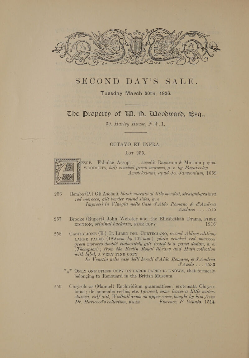  The Property of WA. Hh. Woodward, Esq., 39, Harley House, N.W. 1. OCTAVO ET INFRA. Lor 255. ESOP. Fabulae Aesopi... accedit Ranarum &amp; Murium pugna,. wooncuts, half crushed green morocco, g. e. by Kazakerley Amstelodami, apud Jo. Janssonium, 1659   256 Bembo(P.) Gli Asolani, blank margin of title mended, straight-grained red morocco, gilt border round sides, g. eé. Impressi in Vinegia nelle Case d Aldo Romano &amp; d Andrea Asolano... 1515 257 Brooke (Rupert) John Webster and the Elizabethan Drama, FIRST EDITION, original buckram, FINE COPY 1916 258 CasTIGLIONE (B.) IL Lisro DEL CoRTEGIANO, second Aldine edition, LARGE PAPER (189 mm. by 102 mm.), plain crushed red morocco, green morocco doublé elaborately gilt tooled to a panel design, g. e. (Thompson) ; from the Berlin Royal library and Huth collection with label, A VERY FINE COPY In Venetia nelle case delli heredi d Aldo Romano, et d Andrea @ Asola... 1533 *.* ONLY ONE OTHER COPY ON LARGE PAPER IS KNOWN, that formerly belonging to Renouard in the British Museum. 259 Chrysoloras (Manuel) Enchiridium grammatices : erotemata Chryso- lorae ; de anomalis verbis, etc. (graece), some leaves a little water- stained, calf gilt, Wodhull arms on upper cover, bought by him from Dr. Harwood’s collection, RARE Florence, P. Giunta, 1514