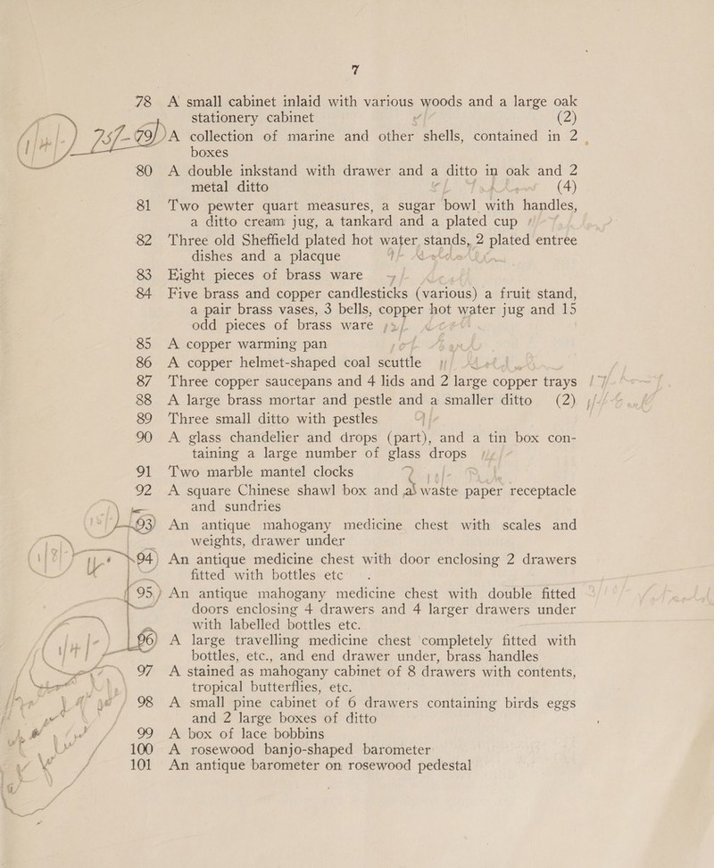  “ 380 81 Re ot i Be yt 98 jh, # yal 99 LY 100 i \ 101 7 A small cabinet inlaid with various yous and a large oak stationery cabinet (2) dA collection of marine and os shells, contained in 2 boxes A double inkstand with drawer and a 1 ditto ig oak and 2 metal ditto eee (4) Two pewter quart measures, a sugar bowl with handles, a ditto cream: jug, a tankard and a plated cup » Three old Sheffield plated hot ry Hcl 2 aes entree dishes and a placque Tf Fight pieces of brass ware Five brass and copper candlesticks (various) a fruit stand, a pair brass vases, 3 bells, copper hot water jug and 15 odd pieces of brass ware pf + dA A copper warming pan A copper helmet-shaped coal Spuithe Three copper saucepans and 4 lids and 2 large copper trays |) A large brass mortar and pestle and a smaller ditto (2). ;// Three small ditto with pestles A) | | A glass chandelier and drops (part), and a tin box con- taining a large number of glass drops pte Two marble mantel clocks WE A square Chinese shawl box and a‘ waste paper receptacle and sundries weights, drawer under fitted with bottles etc: doors enclosing 4 drawers and 4 larger drawers under with labelled bottles ete. bottles, etc., and end drawer under, brass handles A stained as mahogany cabinet of 8 drawers with contents, tropical butterflies, etc. A small pine cabinet of 6 drawers containing birds eggs and 2 large boxes of ditto A box of lace bobbins A rosewood banjo-shaped barometer An antique barometer on rosewood pedestal