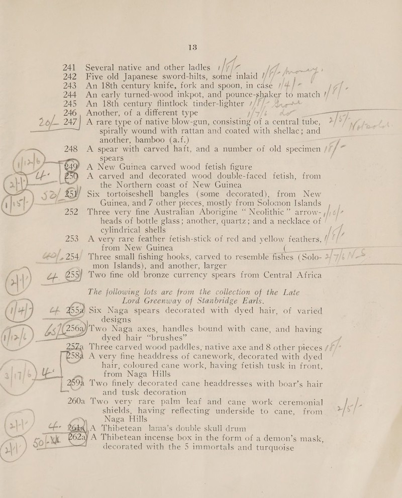 4 241 Several native and other ladles SF, lf 44. 242 Five old Japanese sword-hilts, some inlaid //: | 243 An 18th century knife, fork and spoon, in case 4 i © Be 244 An early turned-wood inkpot, and pounce- “shaker to ach 1 245 An 18th century flintlock tinder-lghter //1/- 4ase~ 246 , Another, of a different type shale See nt —= f 2 *f Lok 247] A rare type of native blow-gun, consisting of a he tube, 2/%/ — spirally wound with rattan and coated with shellac ; and another, bamboo (a.f.) A spear with carved haft, and a number of old specimen /// * spears | A New Guinea carved wood fetish figure A carved and decorated wood double-faced fetish, from the Northern coast of New Guinea Six tortoiseshell bangles (some decorated), from New Guinea, and 7 other pieces, mostly from Solomon Islands Three very fine Australian Aborigine “ Neolithic” arrow- R | 6/7 heads of bottle glass; another, quartz; and a necklace of / | cylindrical shells he 253 A very rare feather fetish-stick of red and yellow feathers, i! , from New Guinea ( ——r— 2) ,254. Three small fishing hooks, carved to resemble fishes (Solo- } - _~\ ™ 3. mon, islands) and another, larger psec een ae bo) a. 255) Two fine old bronze currency spears from Central Africa Hf, ,  Rs The following lots are from the collection of the Late er = Lord Greenway of Stanbridge Earls. (U4i7 Cod 5a six Naga spears decorated with dyed hair, of varied Sf oo aoe a me Gs [essay two Naga axes, handles bound with cane, and having hy es ae dyed hair “brushes” / Re 254. Three carved wood paddles, native axe and 8 other pieces /¢/° | 258A A very fine headdress of canework, decorated with dyed \ — hair, coloured cane work, having fetish tusk in front, } saa Baas from Naga Hills 259a ‘Two finely decorated cane headdresses with boar’s hair sti and tusk decoration 260a Two very rare palm leaf and cane work ceremonial shields, having reflecting underside to cane, from &gt;] S| ri, | oo Naga Hills pvanccat ee - ifr X A Thibetean lama’s double skull drum =“ LX 62a A Thibetean incense box in the form of a demon’s mask, / I |.) eer decorated with the 5 immortals and turquoise