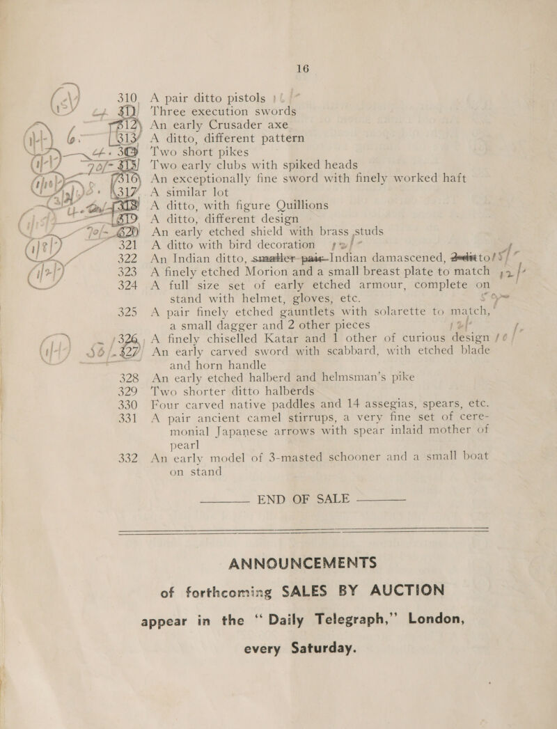 {\4 310. A pair ditto pistols | NEY ce (1) Three execution swords ) Anjearly Crusdder axe fr A ditto, different pattem Two short pikes Two early clubs with spiked heads _ An exceptionally fine sword with finely worked haft AY..A similar lot ' A ditto, with figure Quillions ) A ditto, different design eee early etched shield with brass ,studs A ditto with bird decoration re/- : a, An Indian ditto, smatler-pais-Indian damascened, dadtto!), A finely etched Morion and a small breast plate to match 2/7 A full size set of early etched armour, complete on stand with helmet, gloves, etc. Ope 225 @y pair finely epched eauntlets with solarette to match, a small dagger and 2 other pieces uf , ale RG) A finely chiselled Katar and 1 other of curious te fej  An early carved sword with scabbard, with etched blade oy and horn handle 328 &lt;An early etched halberd and helmsman’s pike 329 ‘Two shorter ditto halberds 330 Four carved native paddles and 14 assegias, spears, etc. 331 &lt;A pair ancient camel Sfmrups, a very fine Set of \cere= monial Japanese arrows with spear inlaid mother of pearl 332, An early modelof 3- masted schooner and a small boat on stand END OF SALE ANNOUNCEMENTS of forthcoming SALES BY AUCTION appear in the ‘“ Daily Telegraph,” London, every Saturday.