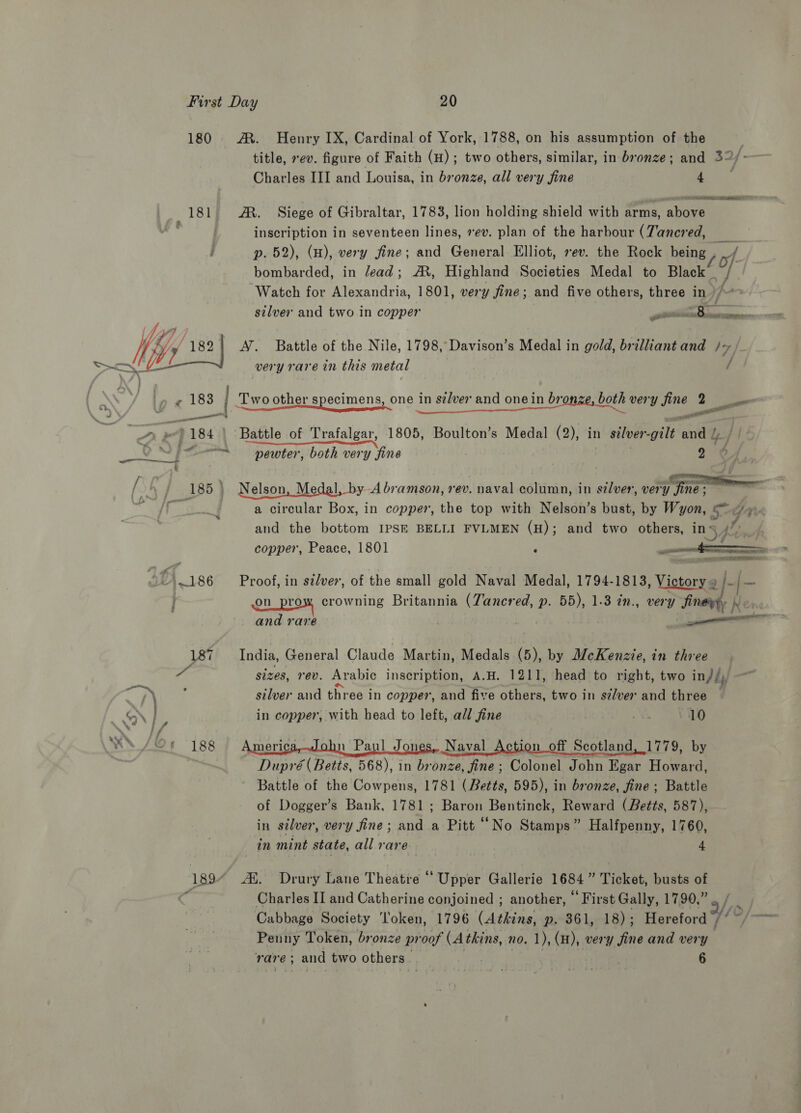 180 Mm. Henry IX, Cardinal of York, 1788, on his assumption of the title, sev. figure of Faith (H) ; two others, similar, in bronze; and 32/ Charles III and Louisa, in bronze, all very fine es See Nee Acasa 181 Mm. Siege of Gibraltar, 1783, lion holding shield with arms, above inscription in seventeen lines, vev. plan of the harbour (Zancred, ee: p. 52), (H), very fine; and General Elliot, rev. the Rock being , / bombarded, in Jead; AR, Highland Societies Medal to Black ‘O/ Watch for Alexandria, 1801, very fine; and five others, three in he ' silver and two in copper vat NE # yy 182! A. Battle of the Nile, 1798, Davison’s Medal in gold, brilliant and 7, &gt;a very rare in this metal / - 183 | ‘Two other specimens, one in sz/ver and onein bro both very fii ge ther Sp 3 —_ el eel py '184 \ Battle of Trafalgar, 1805, Boulton’s Medal (2), in silver gilt andy  — . j : a ent — pewter, both very fine 2. [4 / 185) Nelson, Medal, by Abramson, rev. naval column, in silver, very fine ; a circular Box, in copper, the top with Nelson’s bust, by Wyon, 5-94 and the bottom IPSE BELLI FVLMEN (H); and two others, ins UA: copper, Peace, 1801 ‘ - wait 5 ae RY ‘~186 Proof, in st/ver, of the small gold Naval Medal, 1794-1813, Victory 9 7 be { on prow crowning Britannia (Zancred, p. 55), 1-3 in., very fineyy 187 India, General Claude Martin, Medals (5), by McKenzie, in three 4 sizes, rev. Arabic inscription, A.H. 1211, head to right, two in) e /\ : silver and three in copper, and five others, two in sz/ver and three — &amp;N | , in copper, with head to left, all fine | ta VO AN JO 188 America,John Paul Jones, Naval Action off Scotland, 1779, by Dupré (Betts, 568), in bronze, fine ; Colonel John Egar Howard, Battle of the Cowpens, 1781 (Betts, 595), in bronze, fine; Battle of Dogger’s Bank, 1781; Baron Bentinck, Reward (Betts, 587), in silver, very fine; and a Pitt “No Stamps” Halfpenny, 1760, in mint state, all rare 4 189” Al. Drury Lane Theatre “ Upper Gallerie 1684 ” Ticket, busts of r Charles II and Catherine conjoined ; another, ‘First Gally, 1790.”. / Cabbage Society Token, 1796 (Atkins, p. 361, 18); Hereford rf 10) ms Penny Token, bronze pr oof (A thins, no. 1), (H), very fine and very rare ; and two others. | 6