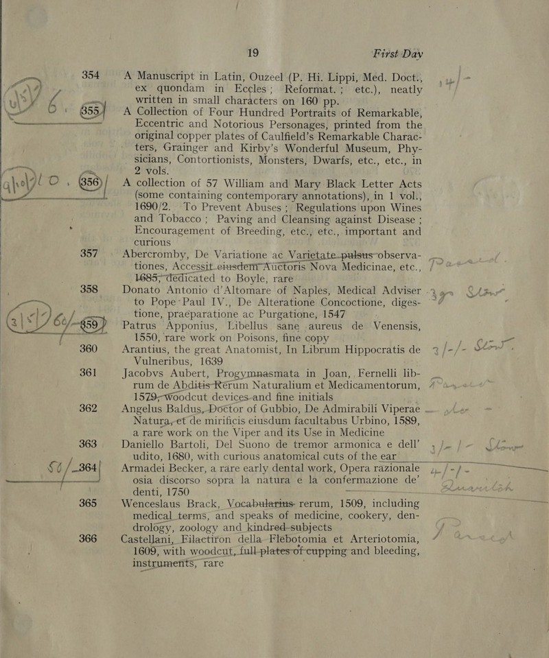    A Manuscript in Latin, Ouzeel (P. Hi. Lippi, Med. Doct., ex quondam in Eccles ; Reformat. ; etc.), neatly written in small characters on 160 pp. A Collection of Four Hundred Portraits of Remarkable, Eccentric and Notorious Personages, printed from the original copper plates of Caulfield’s Remarkable Charac- ters, Grainger and Kirby’s Wonderful Museum, Phy- siclans, Contortionists, Monsters, Dwarfs, etc., etc., in 2 vols. A collection of 57 William and Mary Black Letter Acts (some containing contemporary annotations), in 1 vol., 1690/2. To Prevent Abuses ; Regulations upon Wines and Tobacco; Paving and Cleansing against Disease ; Encouragement of Breeding, etc., etc., aiportant and curious tiones, Accessit_eiusderi Avictoris Nova Medicinae, etc., 1685--dedicated to Boyle, rare tione, praéparatione ac Purgatione, 1547 Patrus Apponius, Libellus sane ,aureus de Venensis, 1550, rare work on Poisons, fine copy Arantius, the great Anatomist, In Librum Peppa us de Vulneribus, 1639 Jacobvs Aubert, Progymnasmata in Joan, _Fernelli Ab rum de Abditis Rérum Naturalium et Medicamentorum, 1579-—woodcut devices-and fine initials Natura, et de mirificis etusdum facultabus Urbino, 1589, a rare work on the Viper and its Use in Medicine Daniello Bartoli, Del Suono de tremor armonica e dell’ udito, 1680, with curious anatomical cuts of the ear _  osia discorso sopra la natura e la confermazione de’ denti, 1750 Wenceslaus Brack, Vocabularits- rerum, 1509, including medical terms, and speaks of medicine, cookery, den- drology, zoology and_kindred-subjects Castellani, Filactiron della Flebotomia et Arteriotomia, 1609, with woodcut, full plates-of cupping and bleeding, instruments, rare