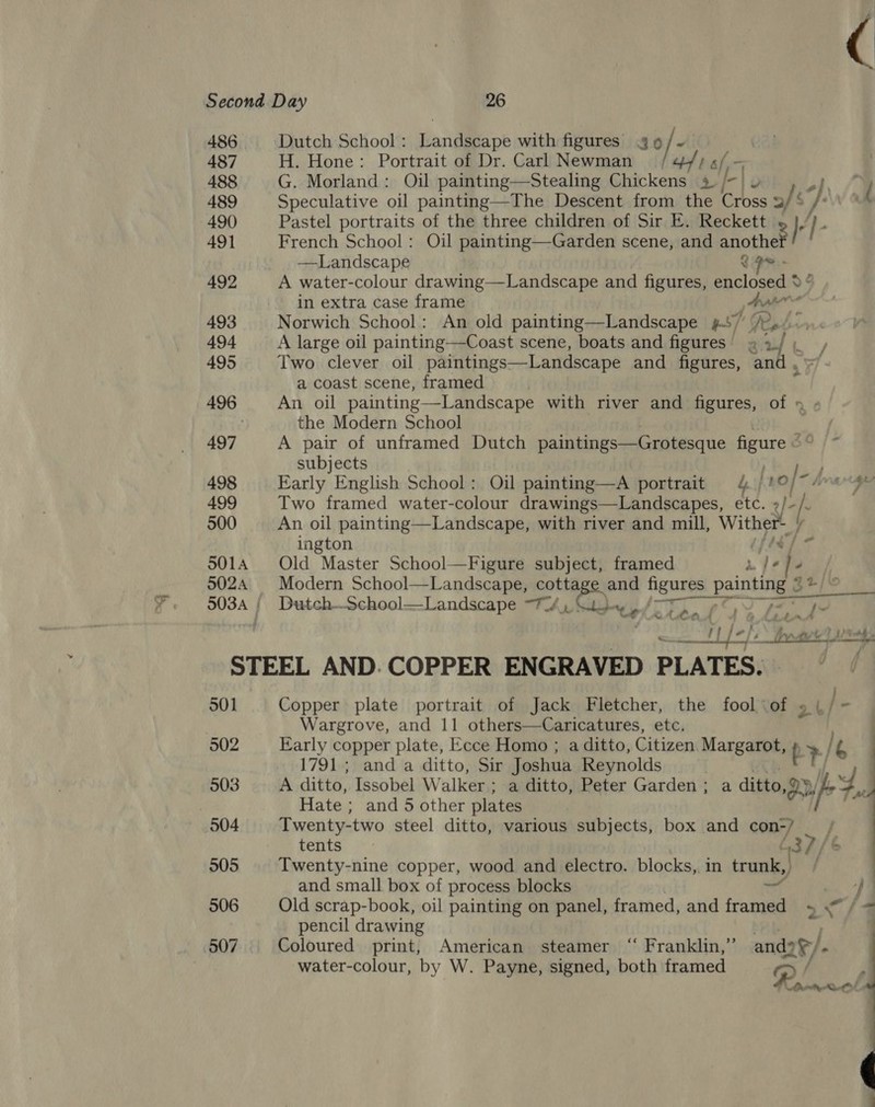 486 Dutch School: Landscape with figures 49 / - . 487 H. Hone: Portrait of Dr. Carl Newman | bal- 488 G. Morland: Oil painting—Stealing Chickens 4 ia Dh a | { 489 Speculative oil painting—The Descent from the Cross 3/ % }: ‘we 490 Pastel portraits of the three children of Sir E. Reckett g}¢]- 491 French School: Oil painting—Garden scene, and Alioth ——Landscape Qos. 492 A water-colour drawing—Landscape and figures, enclosed » ° in extra case frame Aan 493 Norwich School: An old painting—Landscape #5) /esé. 494 A large oil painting——Coast scene, boats and figures auf ¢ ‘Cay, 495 Two clever oil paintings—Landscape and figures, and , = a coast scene, framed 496 An oil painting —Landscape with river and figures, of » / the Modern School 497 A pair of unframed Dutch paintings—Grotesque figure subjects | 498 Early English School: Oil painting —A portrait 4) 7 o/- ie 499 Two framed water-colour drawings—Landscapes, etc. 2/- i: | 500 An oil painting—Landscape, with river and mill, Wither ington 501A Old Master School—Figure subject, framed d ye] . 5024 Modern School—Landscape, cotta and figures esi painting 2 503A | DutchSchool—Landscape “74, A fad telattes J {- i x ud » Ad 7  aaa 1B hd “ones lee STEEL AND. COPPER ENGRAVED PLATES. 501 Copper plate portrait of Jack Fletcher, the fool of » Wargrove, and 11 others—Caricatures, etc. 502 Early copper plate, Ecce Homo ; a ditto, Citizen. Margarot, 1791; and a ditto, Sir Joshua Reynolds 503 A ditto, Issobel Walker ; a ditto, Peter Garden; a ditto ae ¥ Hate ; and 5 other plates 504 Twenty-two steel ditto, various subjects, box and ree tents 905 Twenty-nine copper, wood and electro. blocks, in aude and small box of process blocks ens 506 Old scrap-book, oil painting on panel, framed, and framed &gt; a} j pencil drawing 507 Coloured print, American steamer “‘ Franklin,” and? e/ P. water-colour, by W. Payne, signed, both framed f / j ye, 