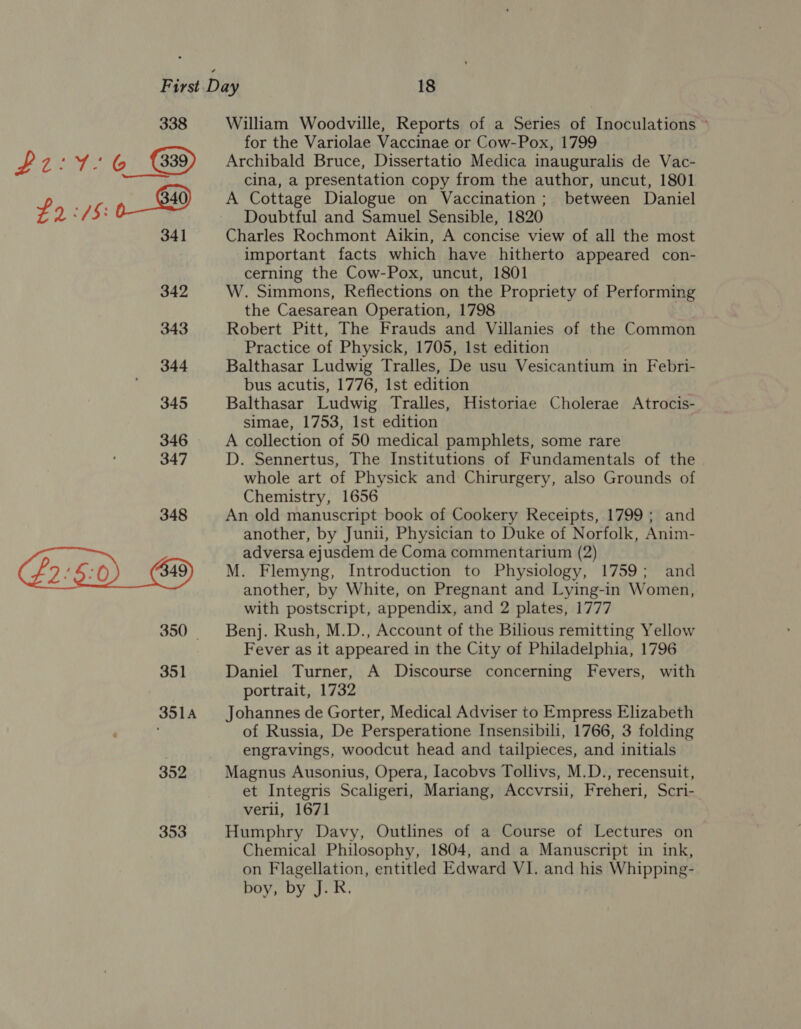 338 De be 6 39) op) ee 341 342 343 353 William Woodville, Reports of a Series of Inoculations © for the Variolae Vaccinae or Cow-Pox, 1799 Archibald Bruce, Dissertatio Medica inauguralis de Vac- cina, a presentation copy from the author, uncut, 1801 A Cottage Dialogue on Vaccination; between Daniel Doubtful and Samuel Sensible, 1820 Charles Rochmont Aikin, A concise view of all the most important facts which have hitherto appeared con- cerning the Cow-Pox, uncut, 1801 W. Simmons, Reflections on the Propriety of Performing the Caesarean Operation, 1798 Robert Pitt, The Frauds and Villanies of the Common Practice of Physick, 1705, Ist edition Balthasar Ludwig Tralles, De usu Vesicantium in Febri- bus acutis, 1776, Ist edition Balthasar Ludwig Tralles, Historiae Cholerae Atrocis- simae, 1753, 1st edition A collection of 50 medical pamphlets, some rare D. Sennertus, The Institutions of Fundamentals of the whole art of Physick and Chirurgery, also Grounds of Chemistry, 1656 An old manuscript book of Cookery Receipts, 1799 ; and another, by Junii, Physician to Duke of Norfolk, Anim- adversa ejusdem de Coma commentarium (2) M. Flemyng, Introduction to Physiology, 1759; and another, by White, on Pregnant and Lying-in Women, with postscript, appendix, and 2 plates, 1777 Benj. Rush, M.D., Account of the Bilious remitting Yellow Fever as it appeared in the City of Philadelphia, 1796 Daniel Turner, A Discourse concerning Fevers, with portrait, 1732 Johannes de Gorter, Medical Adviser to Empress Elizabeth of Russia, De Persperatione Insensibili, 1766, 3 folding engravings, woodcut head and tailpieces, and initials Magnus Ausonius, Opera, Iacobvs Tollivs, M.D., recensuit, et Integris Scaligeri, Mariang, Accvrsii, Freheri, Scri- verll, 1671 Humphry Davy, Outlines of a Course of Lectures on Chemical Philosophy, 1804, and a Manuscript in ink, on Flagellation, entitled Edward VI. and his Whipping- boy, by J.R.